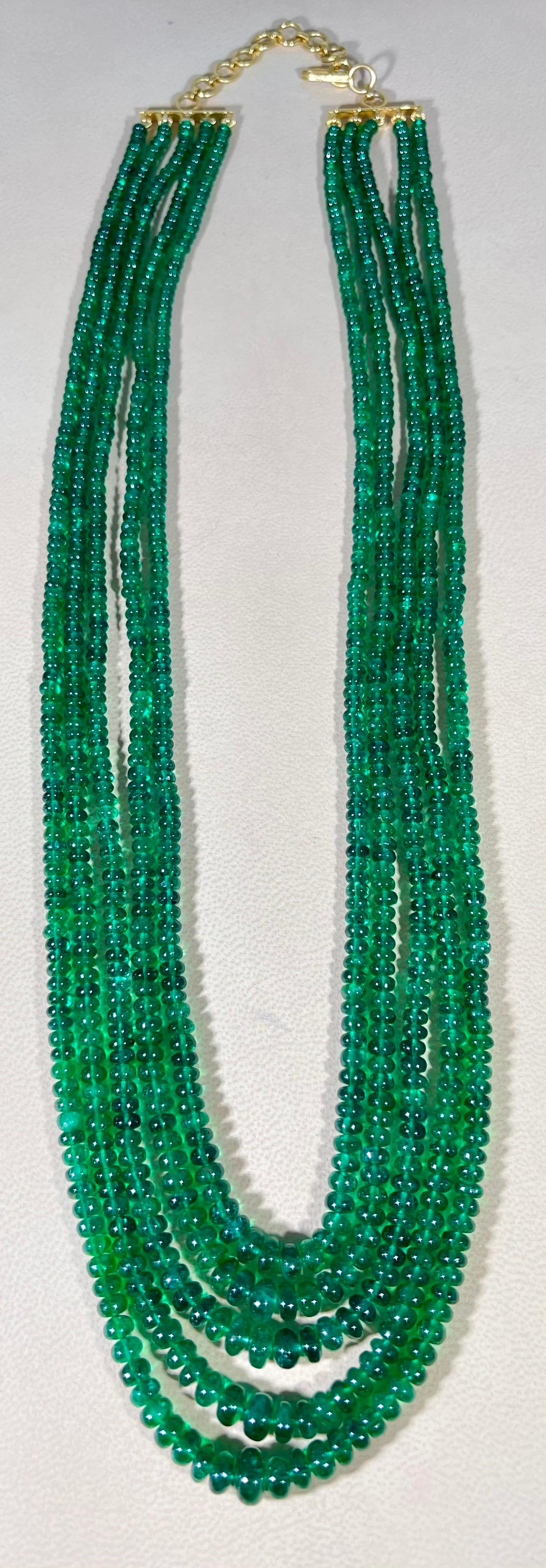 300ct Fine Emerald Beads 5 Line Necklace with 14 kt Yellow Gold Clasp Adjustable For Sale 9