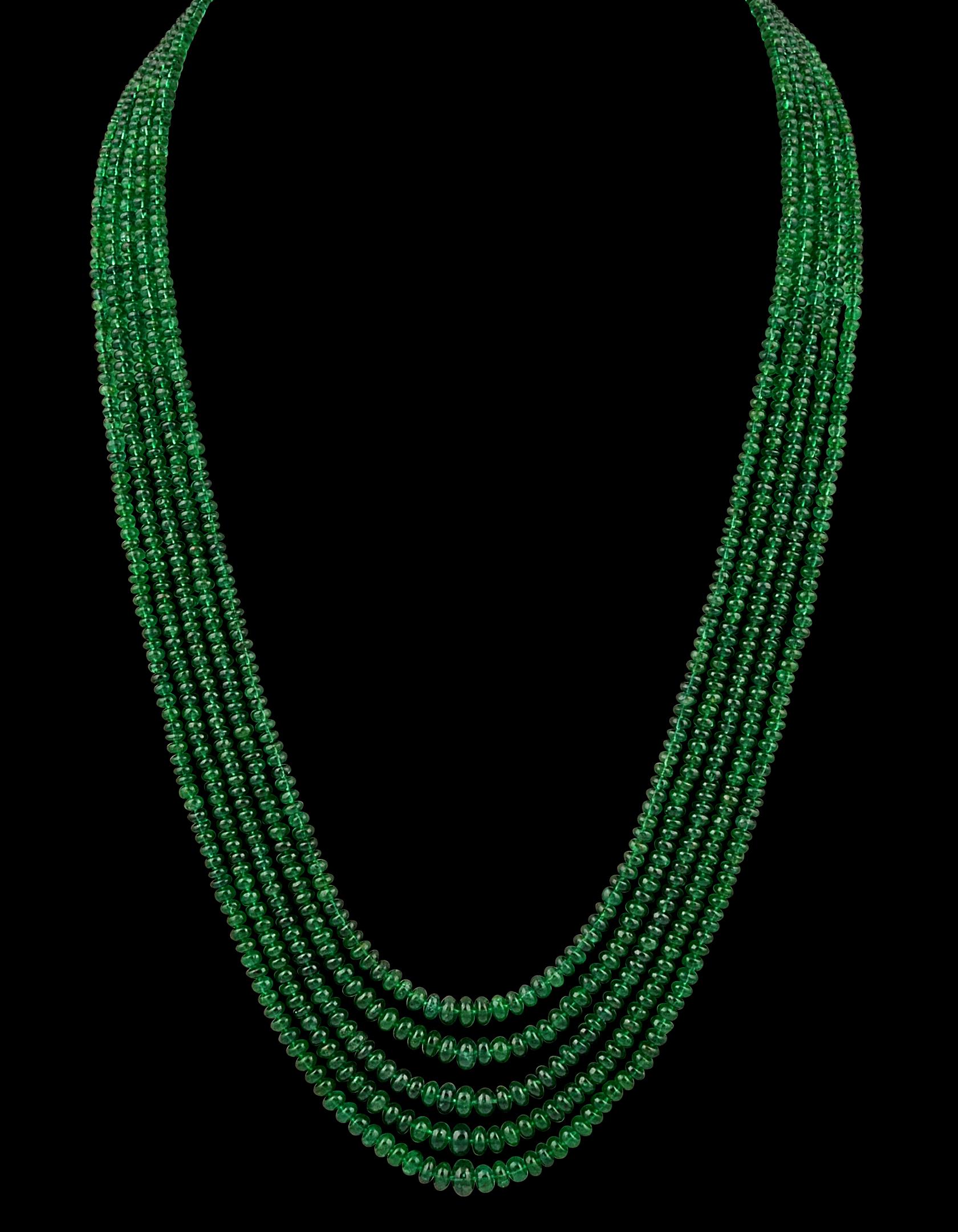 Approximately 300 Carat  very fine Emerald Beads 5 Line Necklace With 14 Karat Yellow Gold Clasp Adjustable with multiple links
This spectacular Necklace   consisting of approximately 200 Ct  of fine beads.
The shine sparkle and brilliance with deep