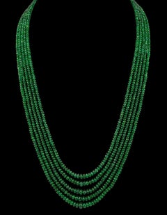 Collana a 5 linee di perline di smeraldo fine 300ct con chiusura in oro giallo 14 kt regolabile