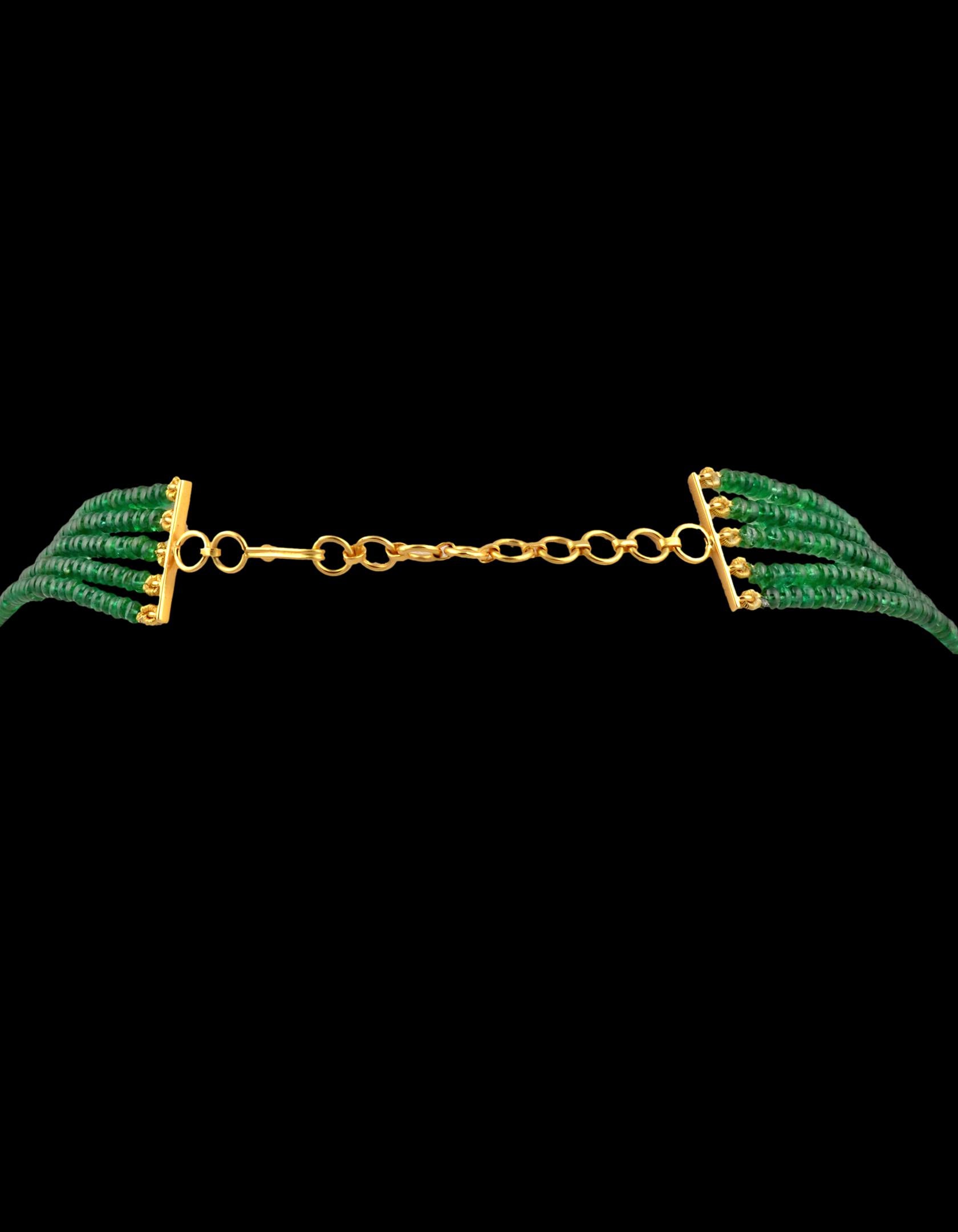 300ct Fine Emerald Beads 5 Line Necklace with 14 kt Yellow Gold Clasp Adjustable In New Condition For Sale In New York, NY