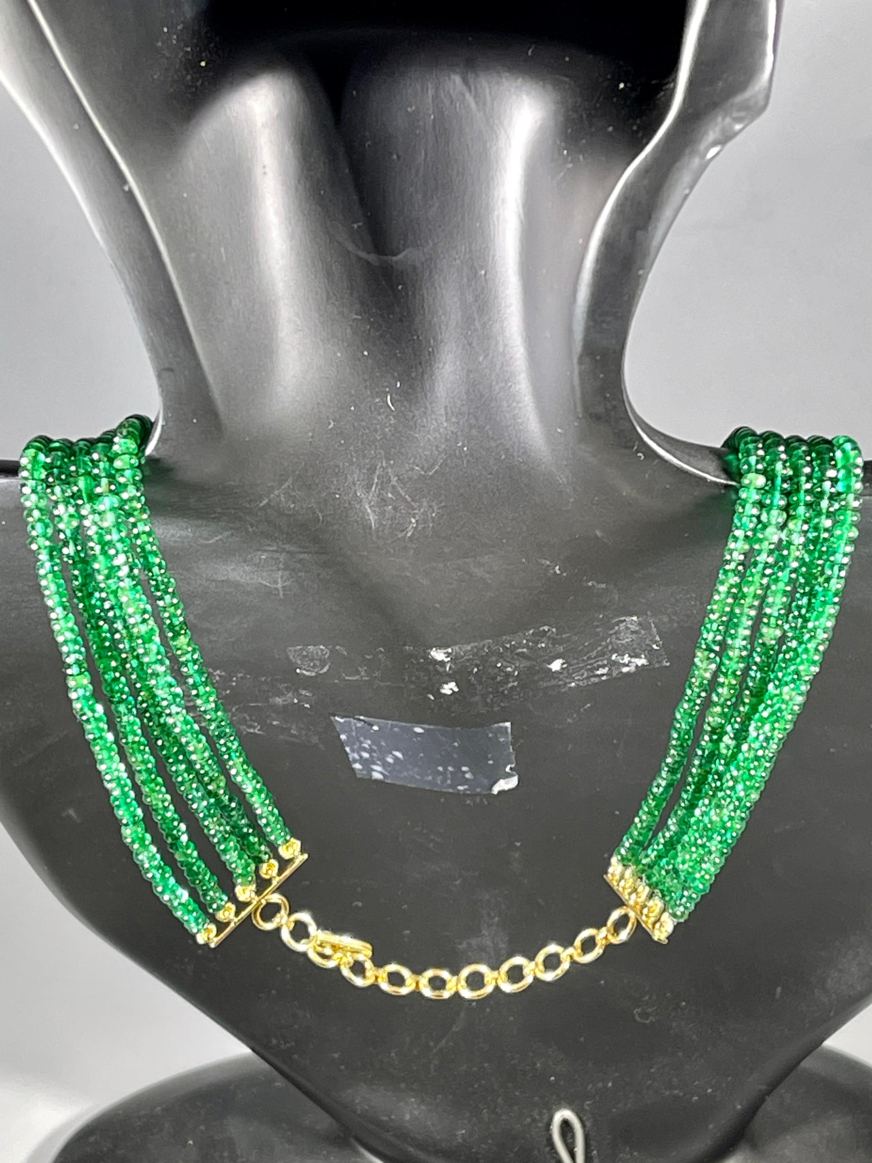 300ct Fine Emerald Beads 5 Line Necklace with 14 kt Yellow Gold Clasp Adjustable For Sale 1