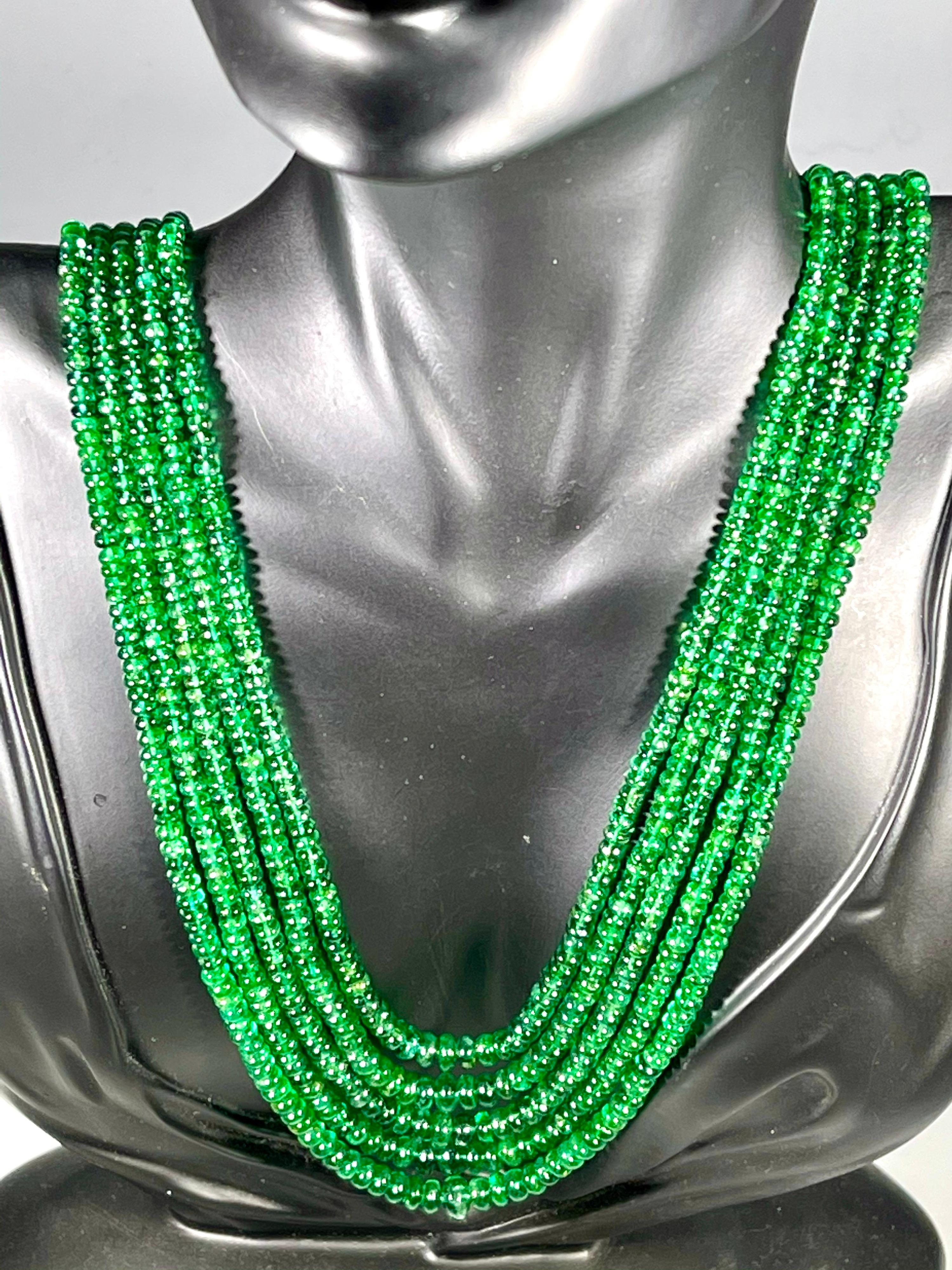 300ct Fine Emerald Beads 5 Line Necklace with 14 kt Yellow Gold Clasp Adjustable For Sale 2