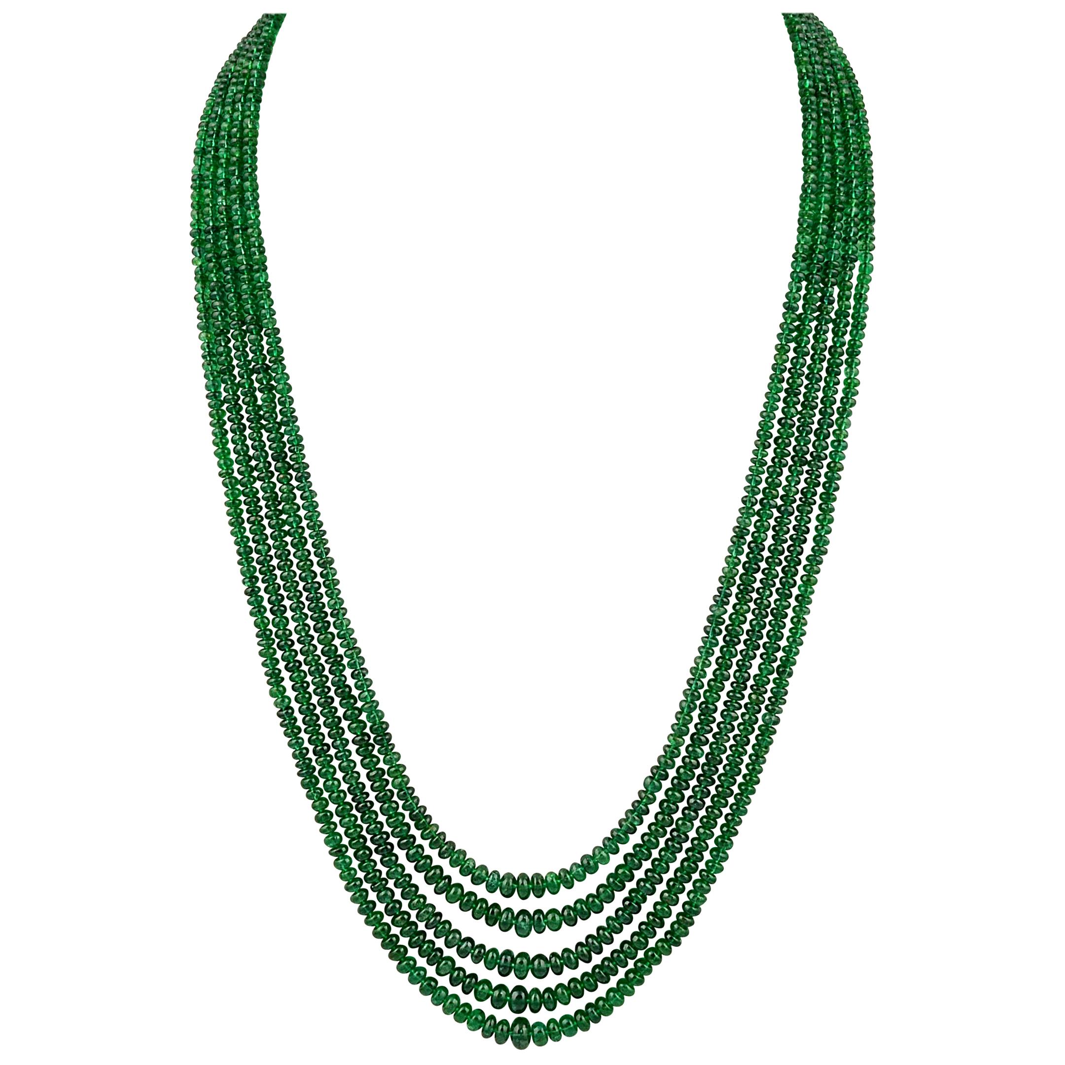 300ct Fine Emerald Beads 5 Line Necklace with 14 kt Yellow Gold Clasp Adjustable For Sale