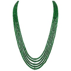 300ct Fine Emerald Beads 5 Line Necklace with 14 kt Yellow Gold Clasp Adjustable
