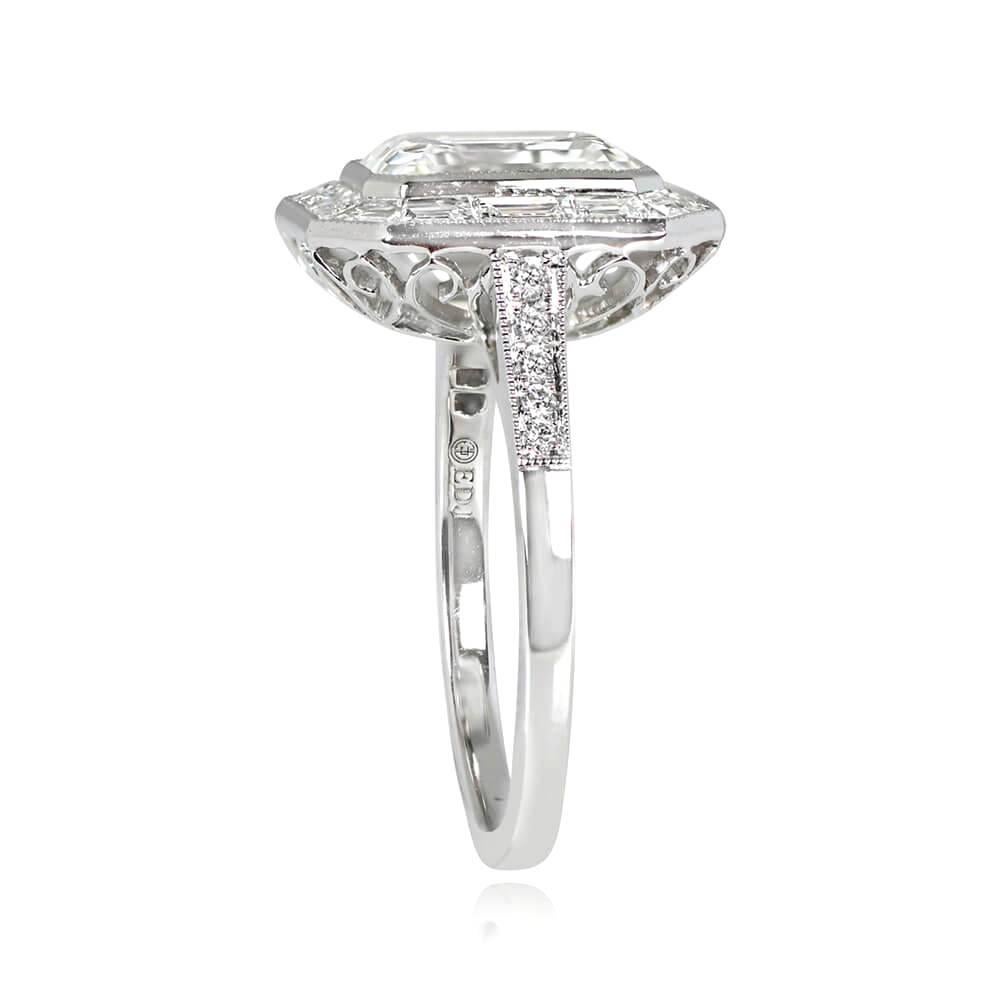 Art Deco 3.00 Carat GIA-Certified Emerald-Cut Diamond Engagement Ring with Diamond Halo For Sale