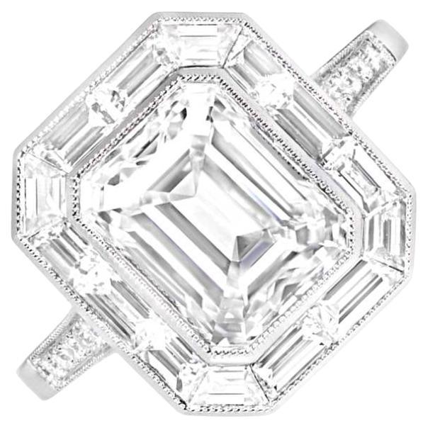 3.00 Carat GIA-Certified Emerald-Cut Diamond Engagement Ring with Diamond Halo For Sale