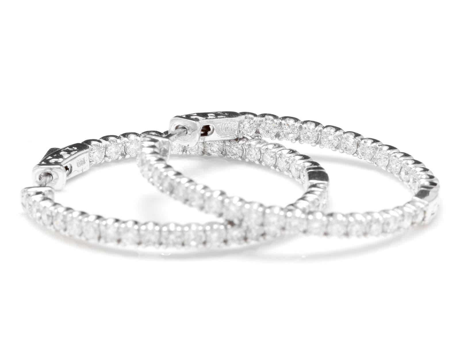 Round Cut 3.00ct Natural Diamond 14k Solid White Gold Hoop Earrings For Sale