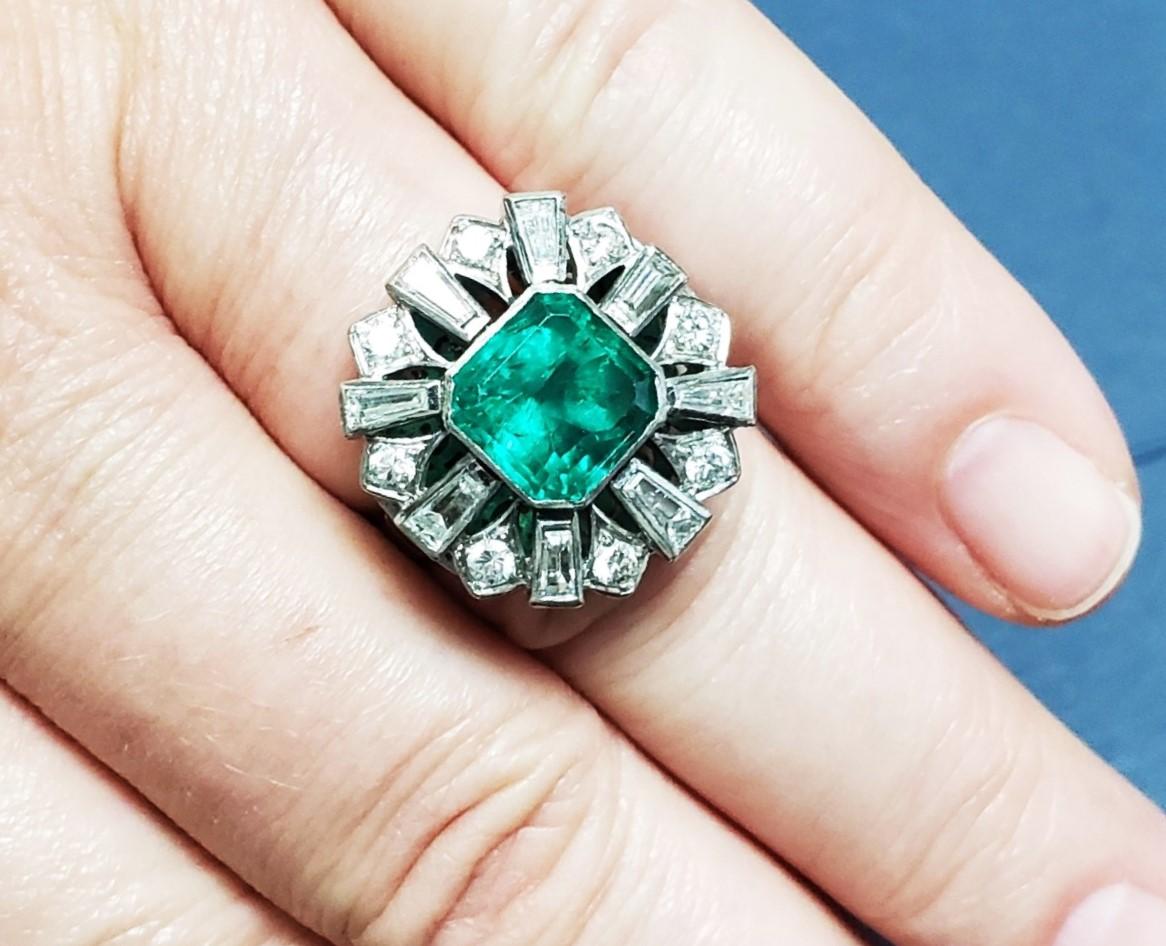 Art Deco 3.00CT(Est). COLOMBIAN Emerald and Diamond Ring Platinum C. Dunaigre/cert. For Sale