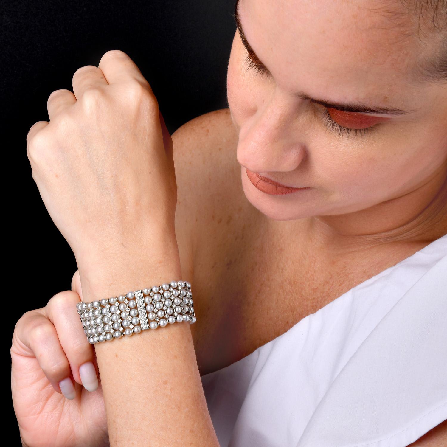 Rétro 3.00cts Diamond Pearl 18K Gold Multi Row Bar Link Wrap Bracelet en vente
