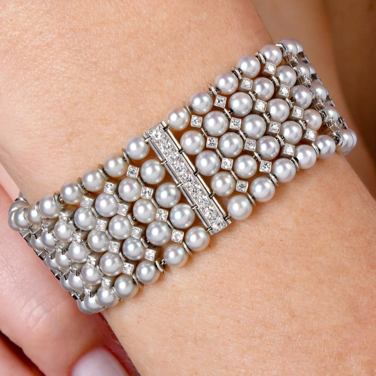 Taille ronde 3.00cts Diamond Pearl 18K Gold Multi Row Bar Link Wrap Bracelet en vente