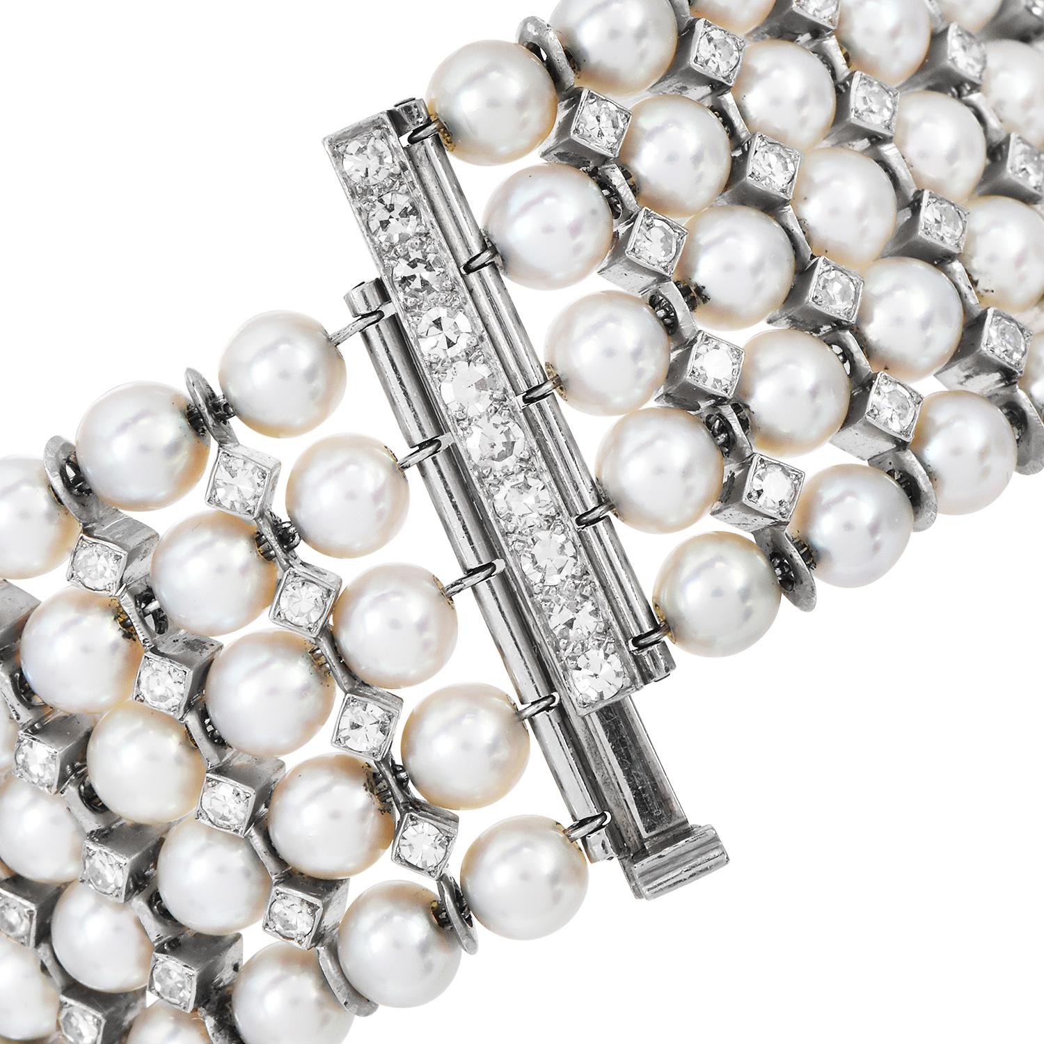 3.00cts Diamond Pearl 18K Gold Multi Row Bar Link Wrap Bracelet Excellent état - En vente à Miami, FL