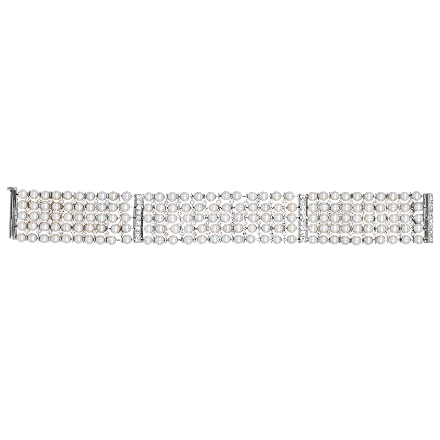 3.00cts Diamond Pearl 18K Gold Multi Row Bar Link Wrap Bracelet Pour femmes en vente