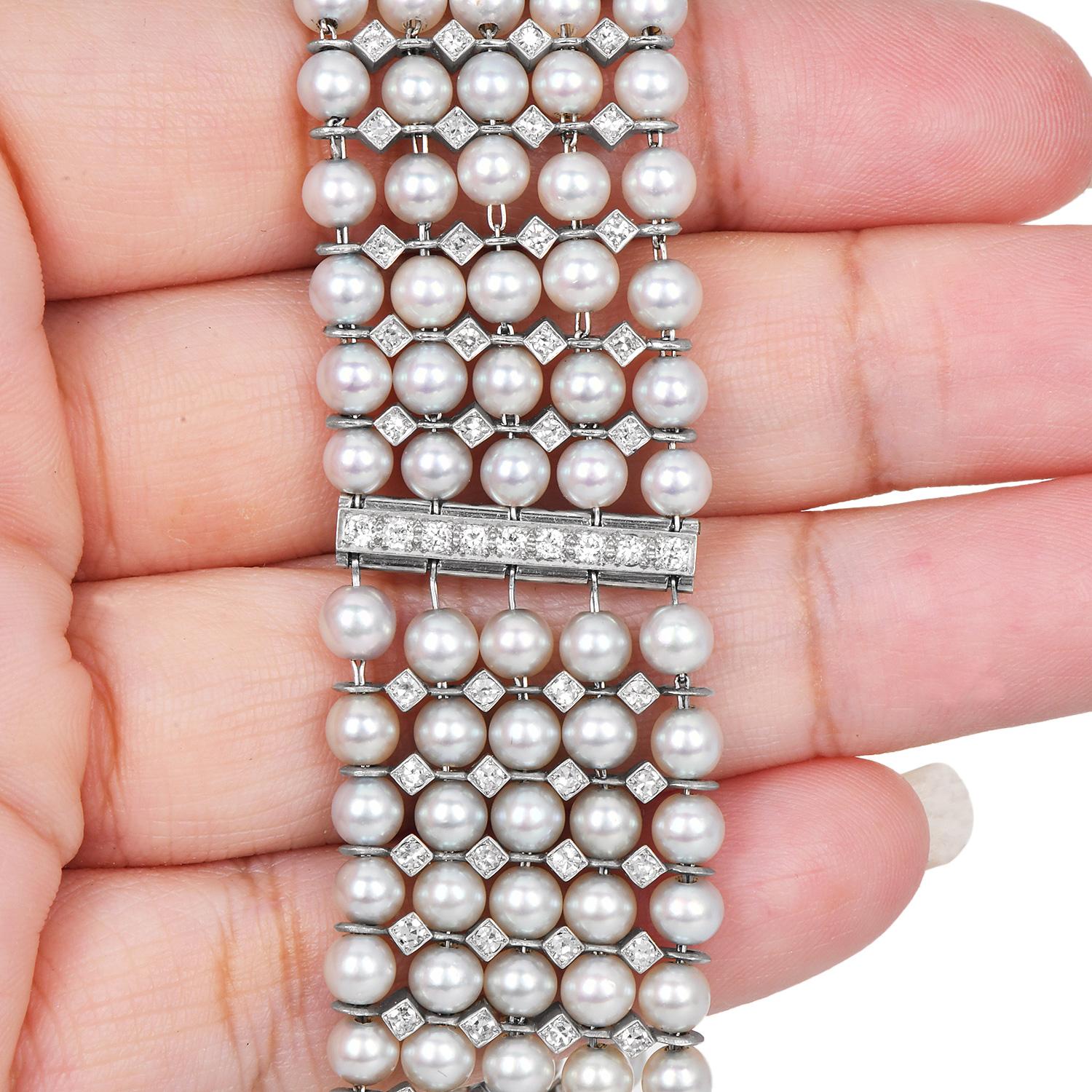3.00cts Diamond Pearl 18K Gold Multi Row Bar Link Wrap Bracelet en vente 1