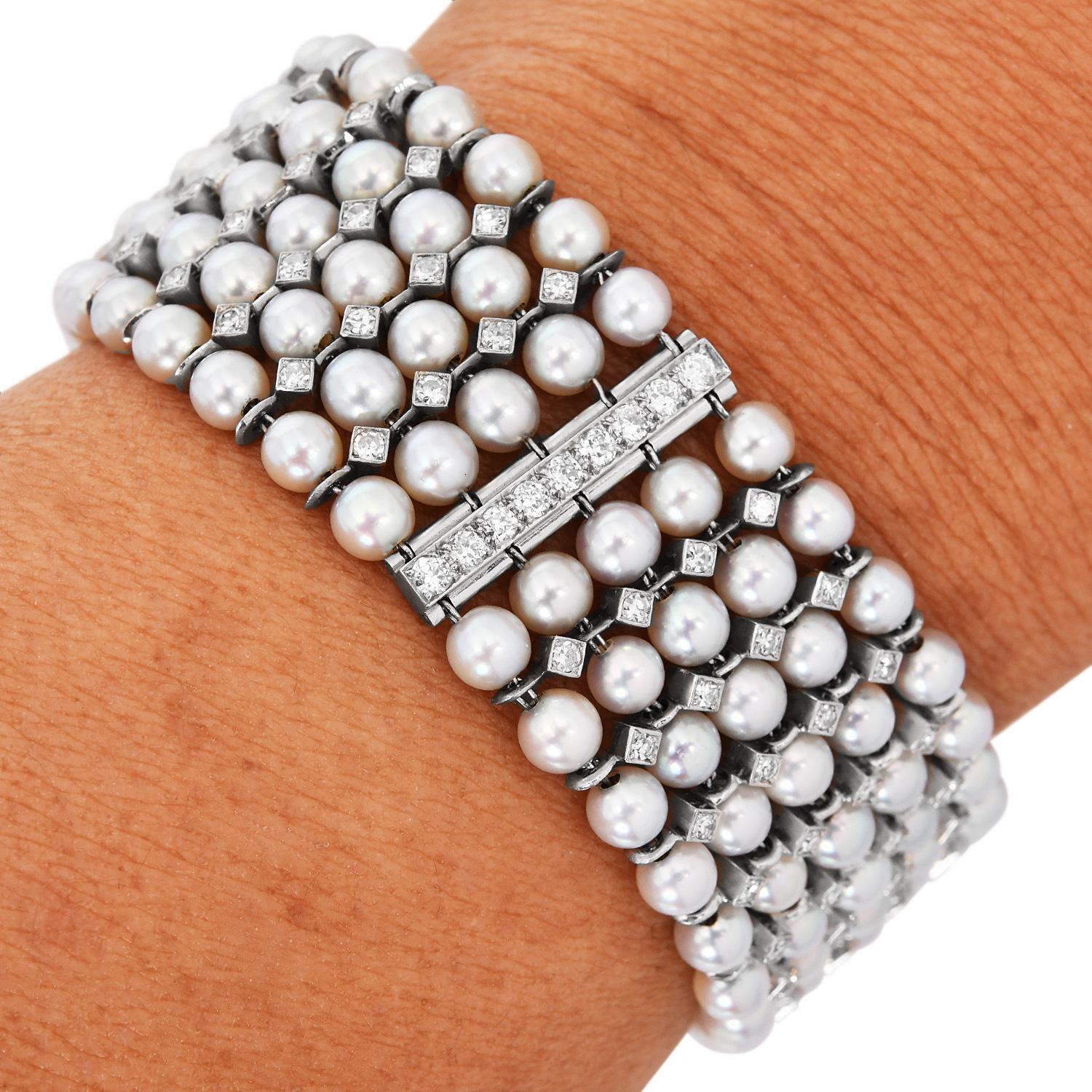 3.00cts Diamond Pearl 18K Gold Multi Row Bar Link Wrap Bracelet en vente 2