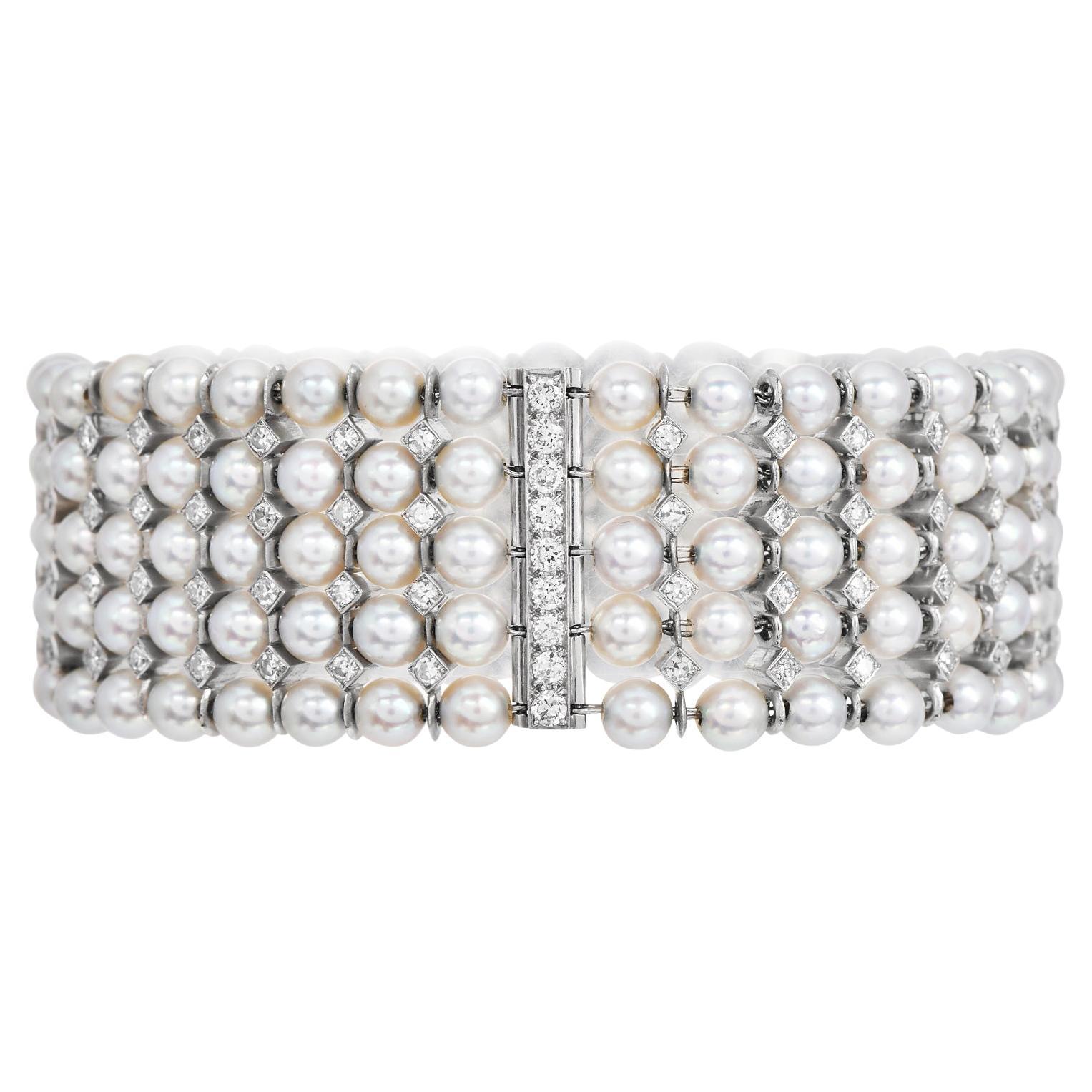 3.00cts Diamond Pearl 18K Gold Multi Row Bar Link Wrap Bracelet