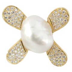 3.00cts Yellow Gold Natural South Sea Pearl with Open Flower Ring 18K 7 Inch