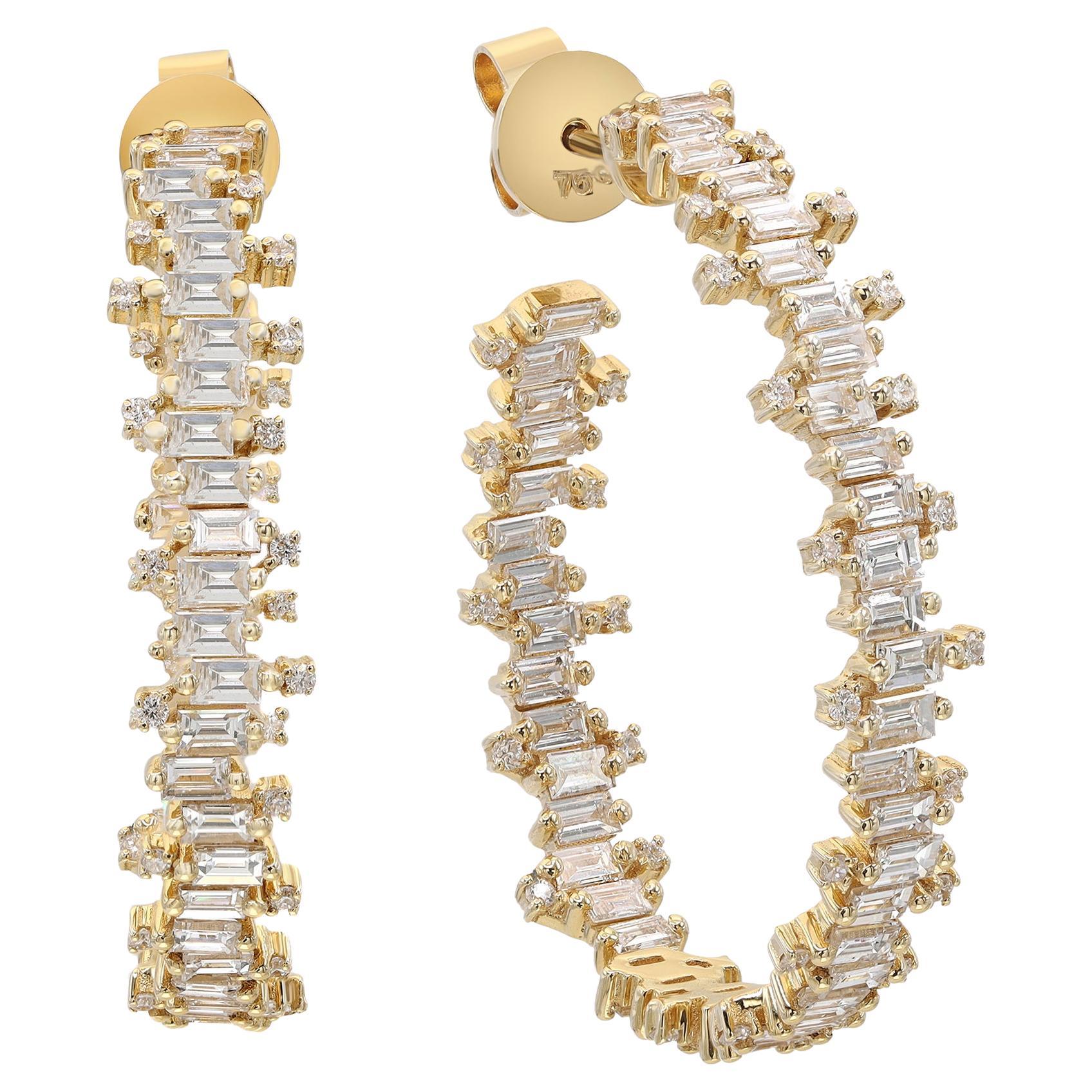 3.00Cttw Inside Out Baguette & Round Cut Diamond Hoop Earrings 18K Yellow Gold For Sale