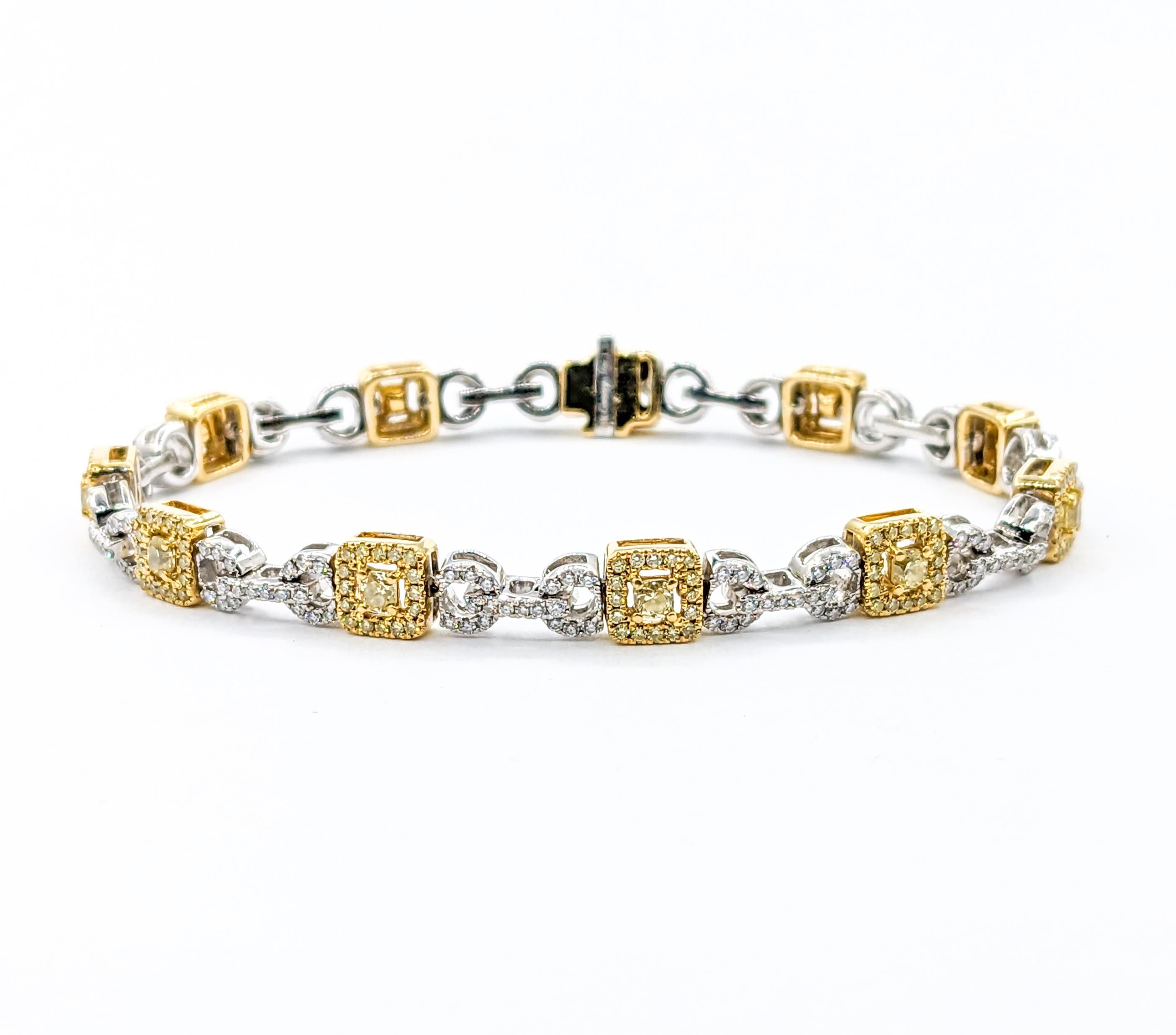 3.00ctw Diamond Bracelet in 18kt Two-Tone Gold

Discover the elegance of this exquisite Bracelet crafted in 18k Two Tone, adorned with a dazzling 3.00ctw of Cushion Cut Yellow Diamonds and White Round Diamonds. The Sparkly Diamonds showcase SI