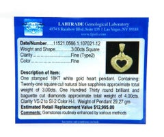 3.00ctw Princess Sapphires and 4.00ctw Pave Diamond Heart Pendant Necklace, 14K