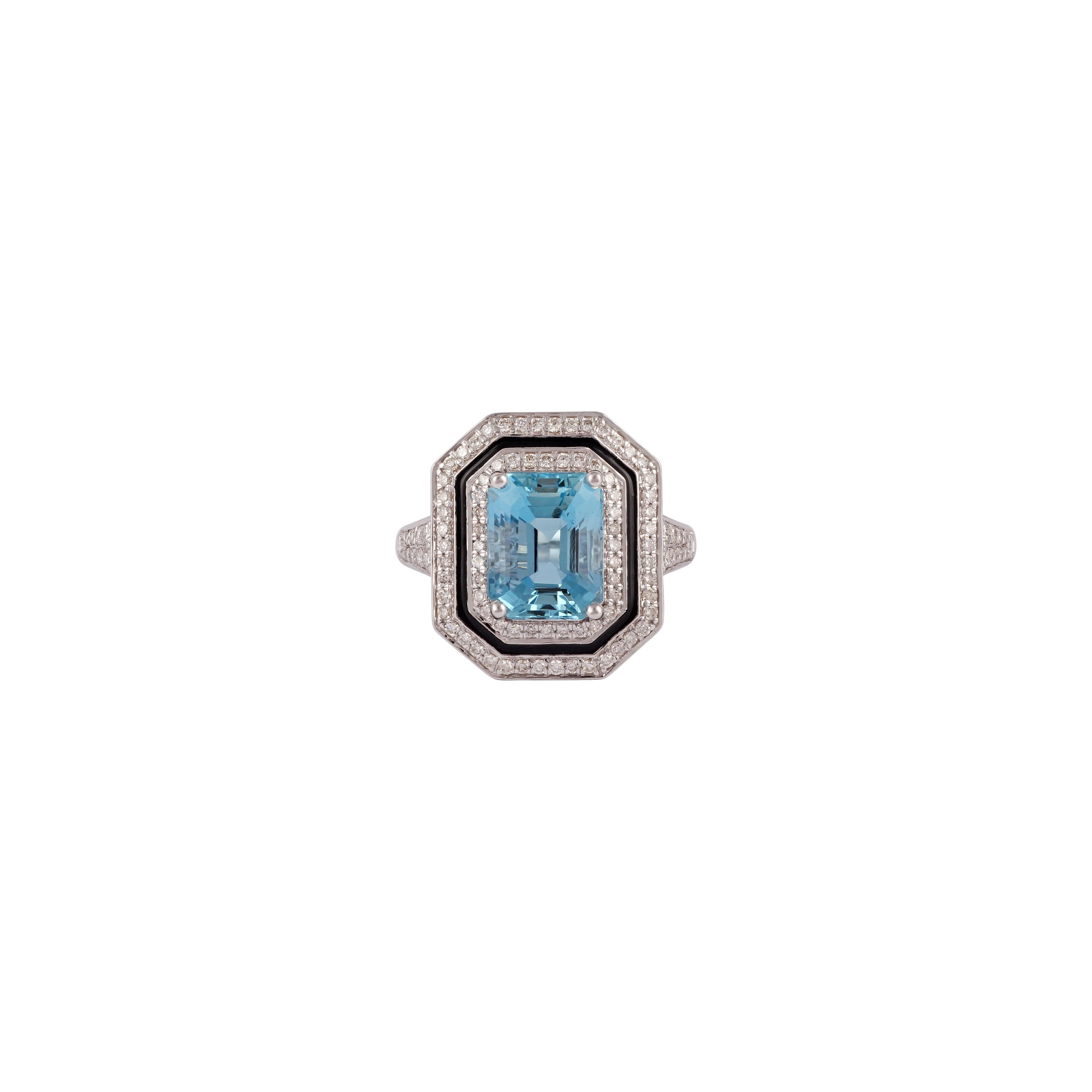 Its an exclusive ring studded in 18k white gold with black enamel around this ring contain 1 piece octagon shaped aquamarine weight 3.01 carat & 96 pieces round shaped diamond weight 0.58 carat this entire ring studded in 18k white gold weight 5.99