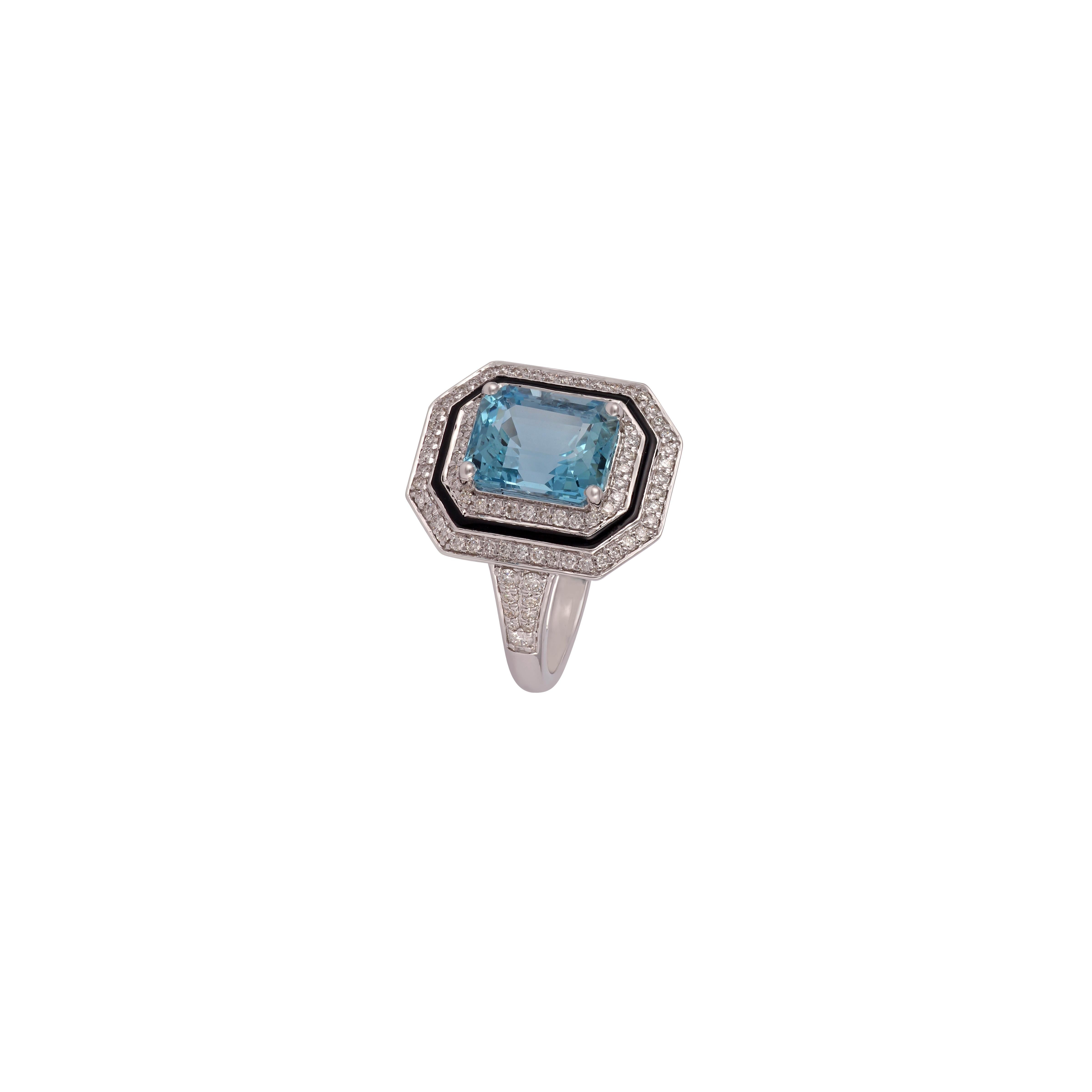 Modern 3.01 Carat Aquamarine Diamond Enamel Ring Studded in 18K White Gold For Sale