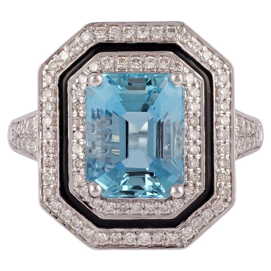 3.01 Carat Aquamarine Diamond Enamel Ring Studded in 18K White Gold For Sale