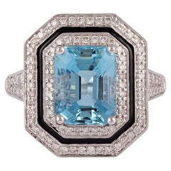 3.01 Carat Aquamarine Diamond Enamel Ring Studded in 18K White Gold