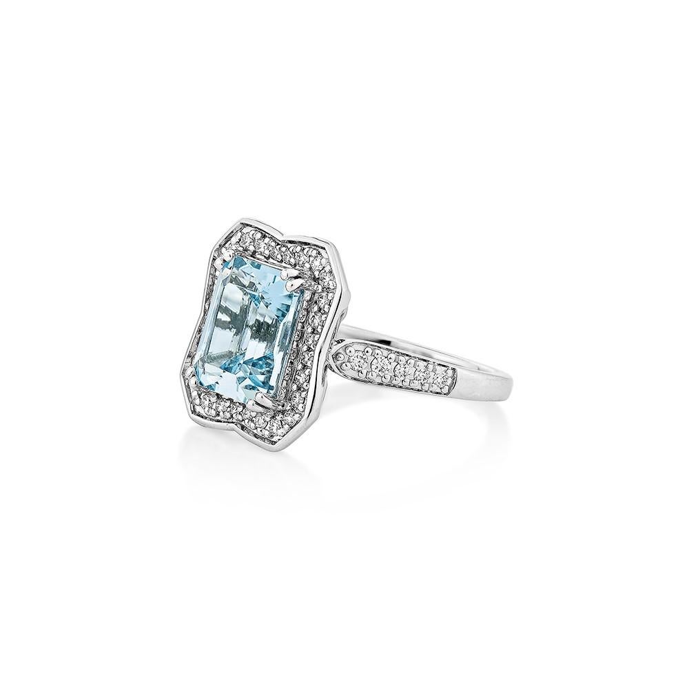 Octagon Cut 3.01 Carat Aquamarine Fancy Ring in 18Karat White Gold with White Diamond.    For Sale