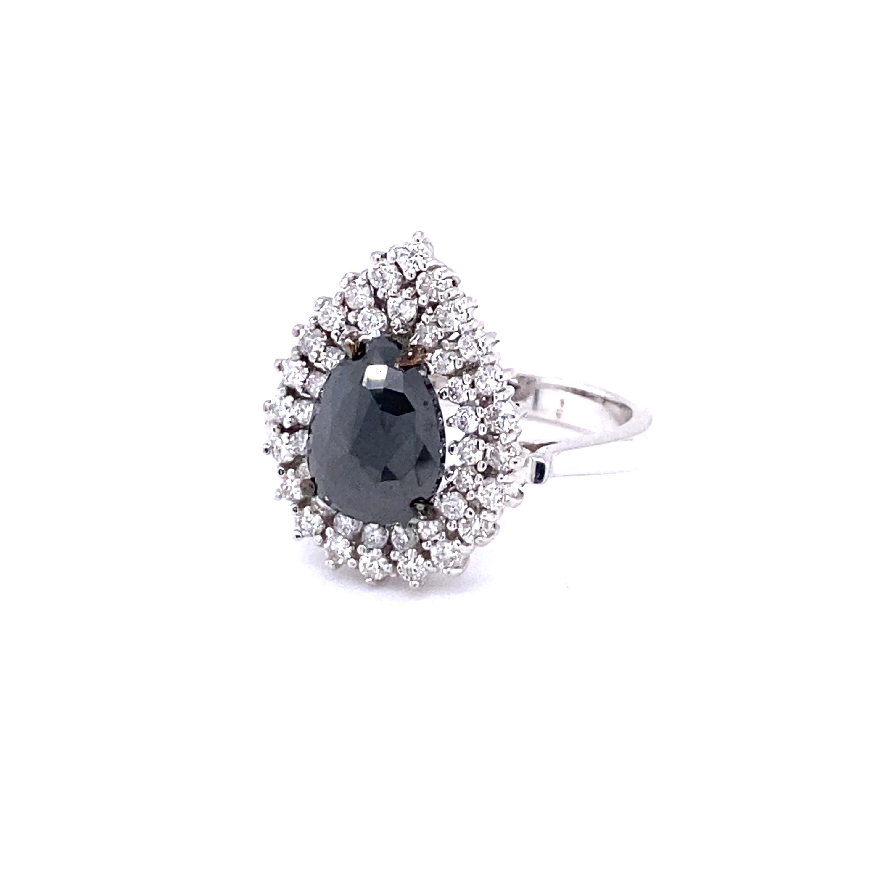 Contemporary 3.01 Carat Black and White Diamond Double Halo 14 Karat White Gold Bridal Ring For Sale