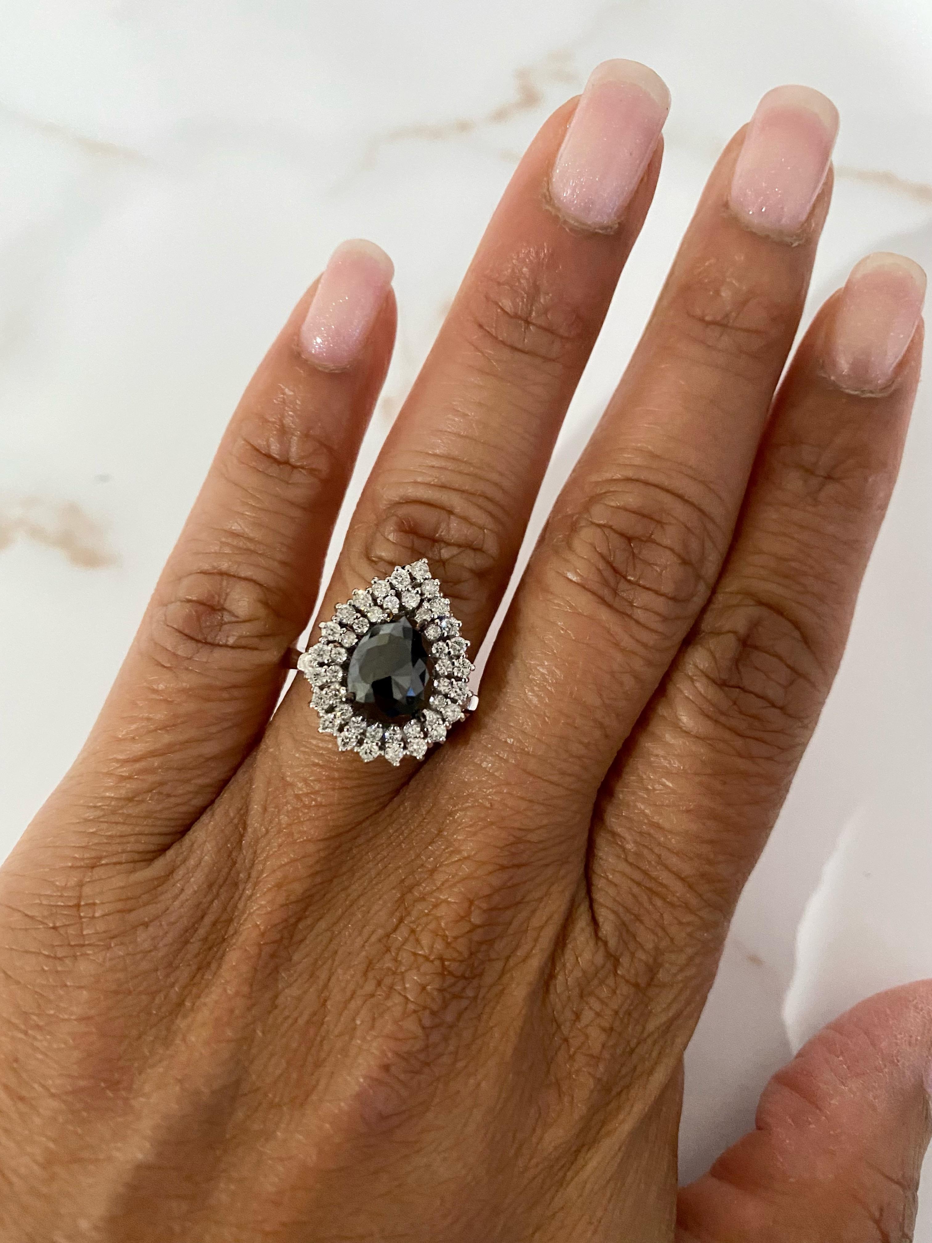 3.01 Carat Black and White Diamond Double Halo 14 Karat White Gold Bridal Ring In New Condition For Sale In Los Angeles, CA