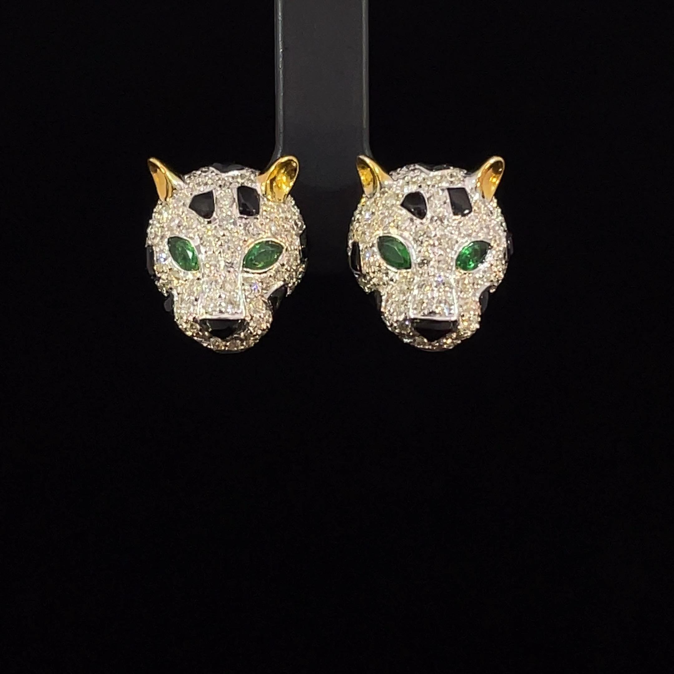 Modern 3.01 Carat Diamond and Emerald Panther Studs For Sale