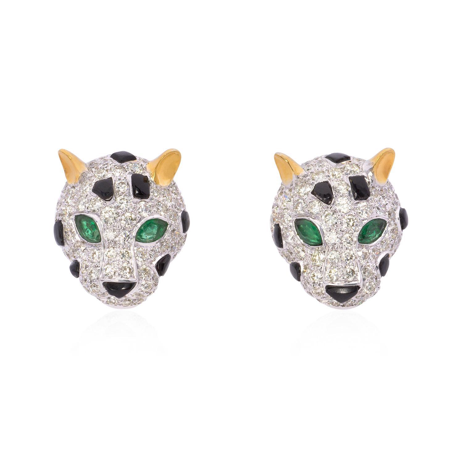 Women's 3.01 Carat Diamond and Emerald Panther Studs For Sale