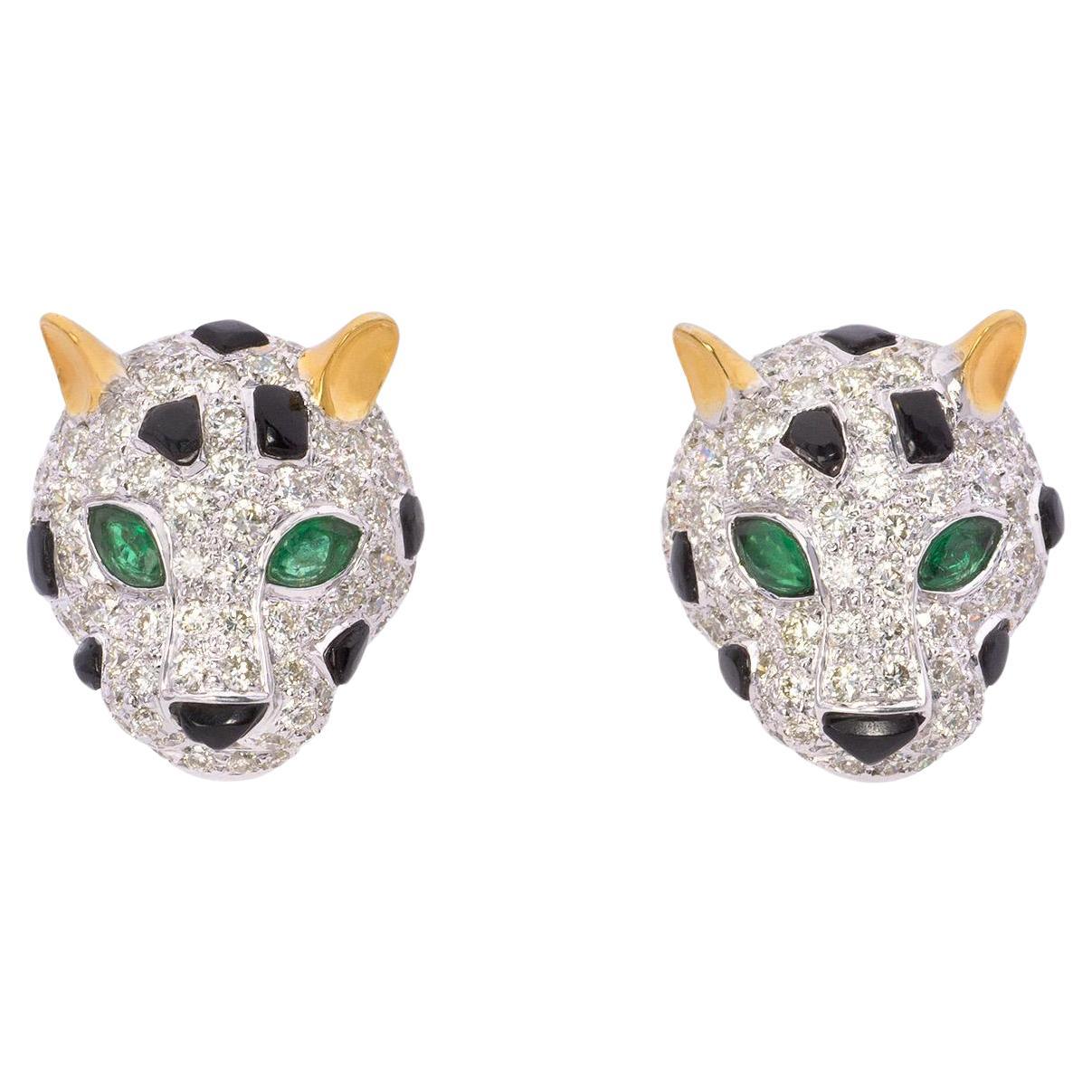 3.01 Carat Diamond and Emerald Panther Studs