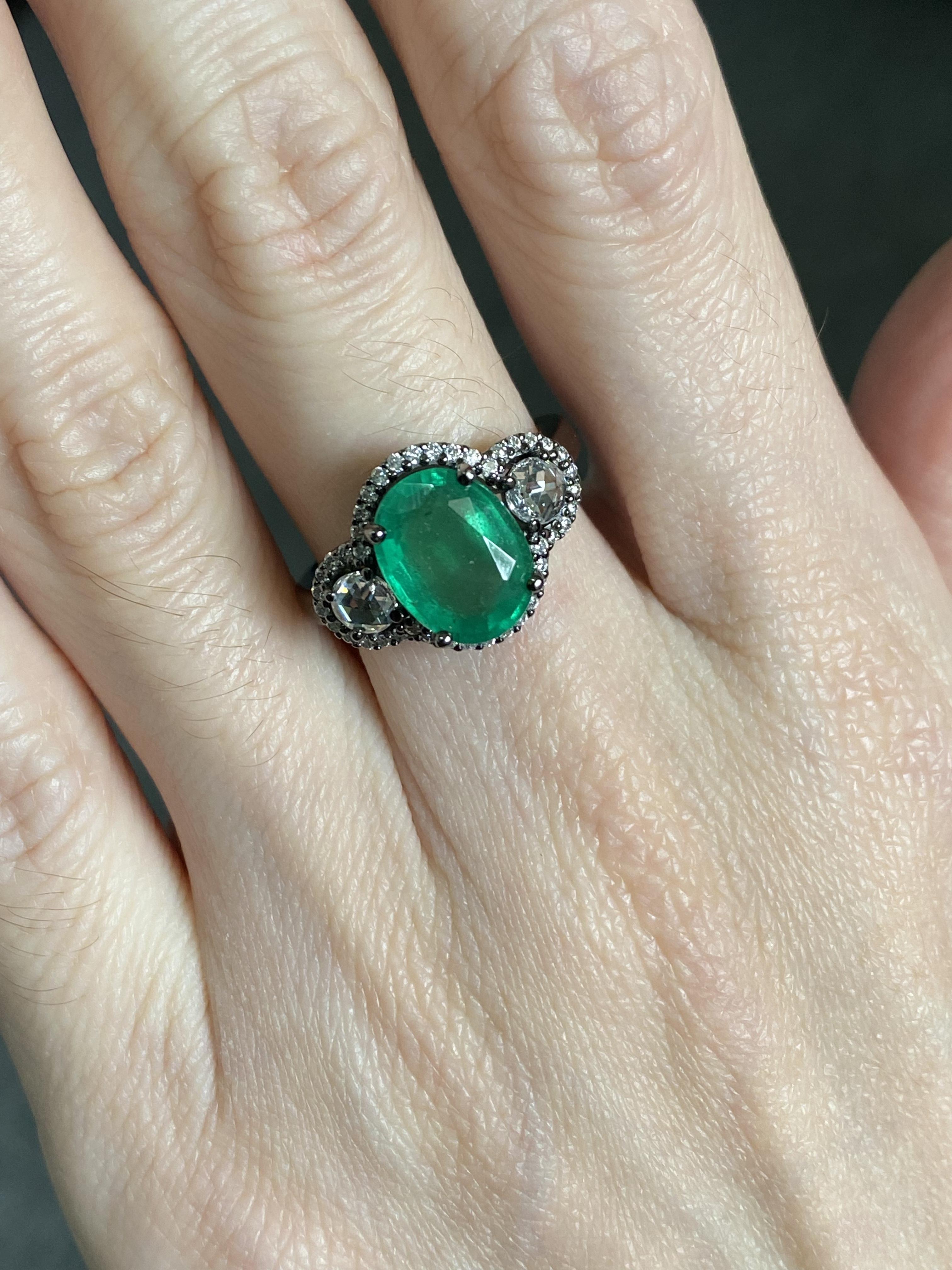 3.01 Carat Emerald and Diamond Three Stone Engagement Ring For Sale 1
