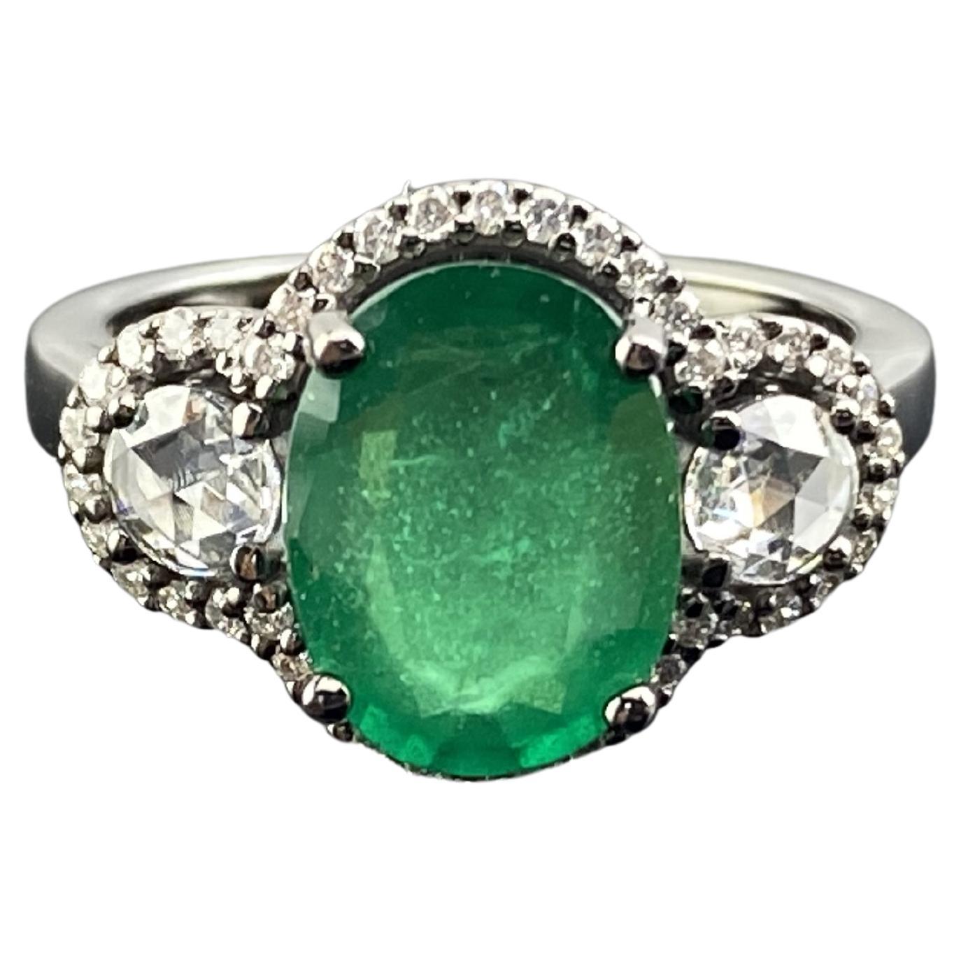 3.01 Carat Emerald and Diamond Three Stone Engagement Ring For Sale