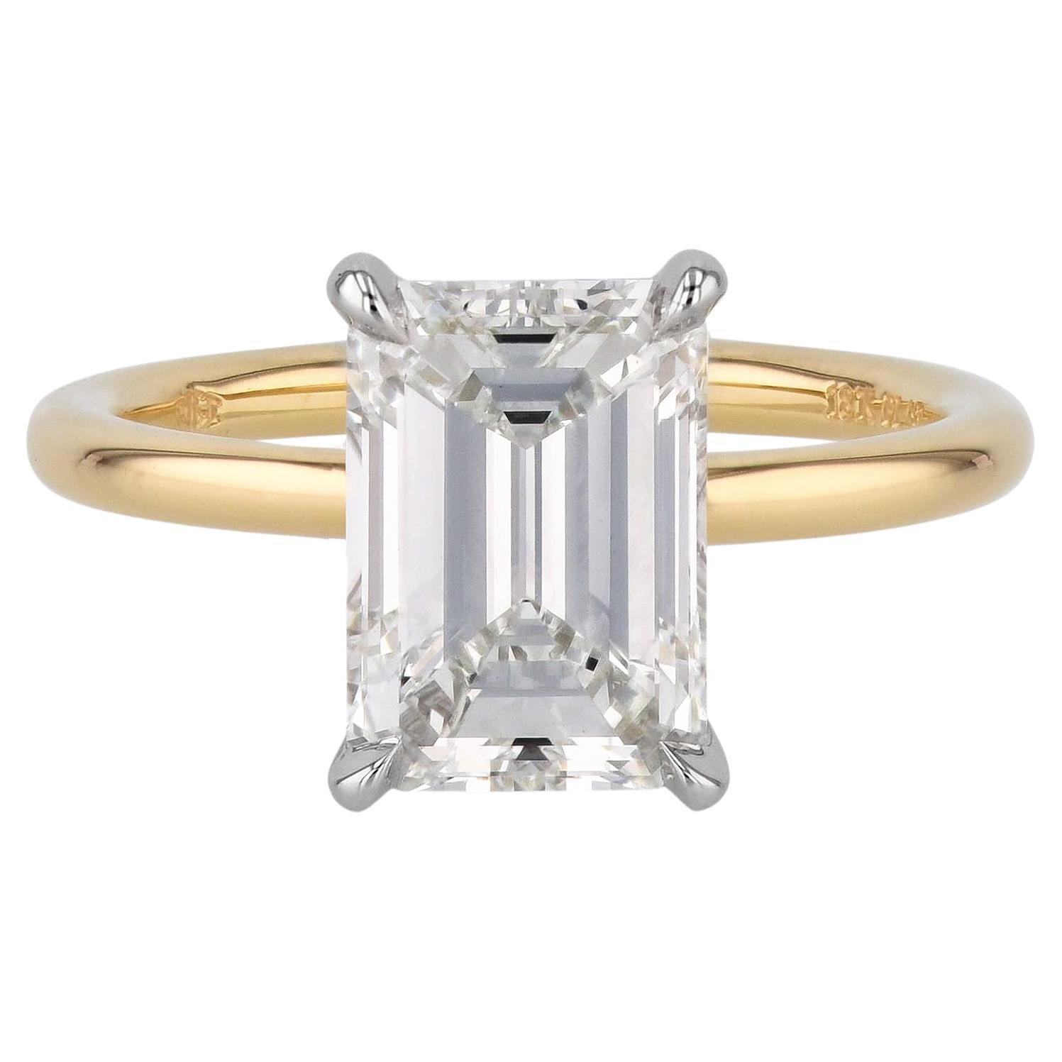 3.01 Carat Emerald Cut Diamond Platinum Yellow Gold Engagement Ring For Sale