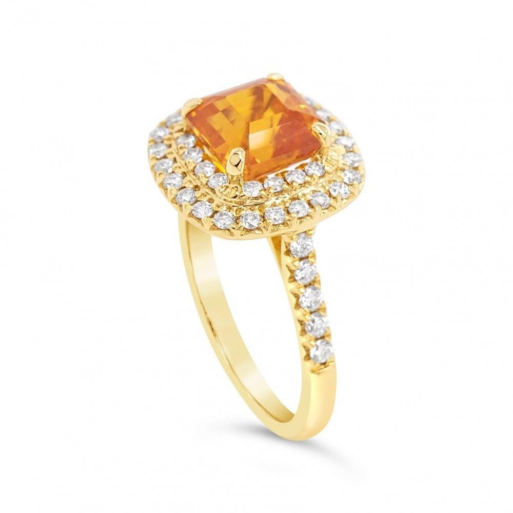 Women's 3.01ct Certified Orange Square Emerald-Cut Sapphire & 0.62ct Diamond 18ct Ring For Sale