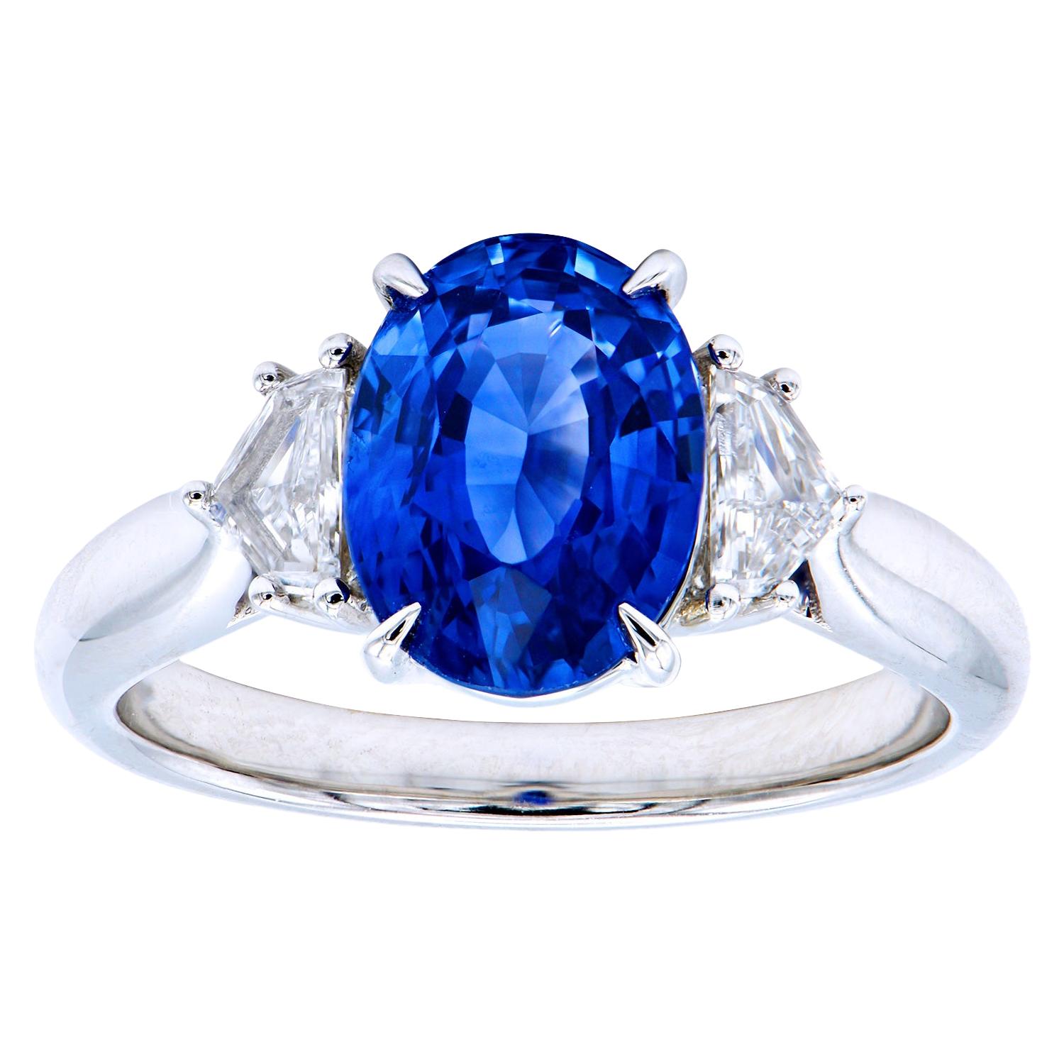 3.01 Carat Oval Blue Sapphire Ring with Diamond Epaulets