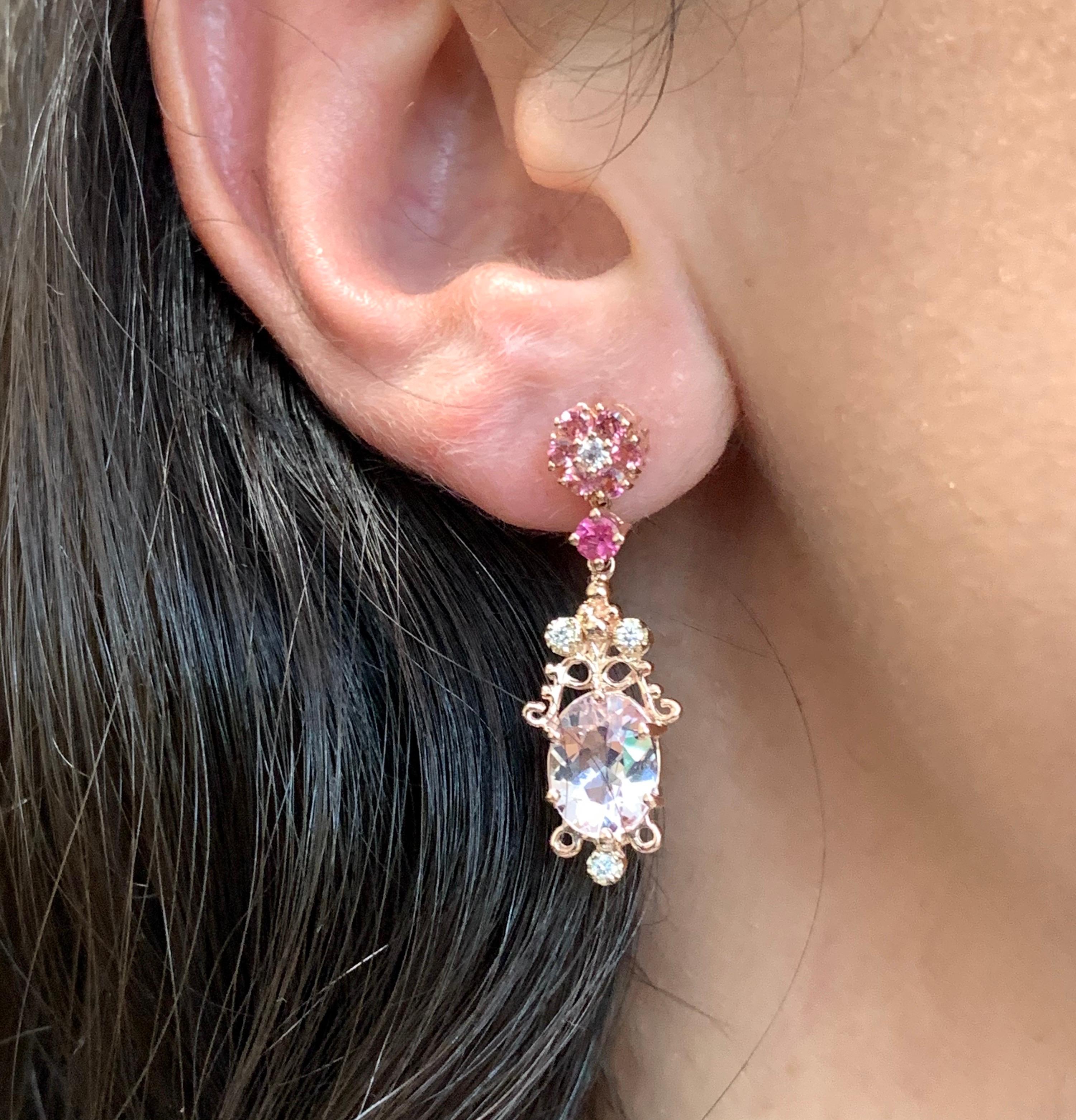 Contemporary 3.01 Carat Oval Pink Morganite Pink Tourmaline Diamond Earrings in 14K Rose Gold For Sale