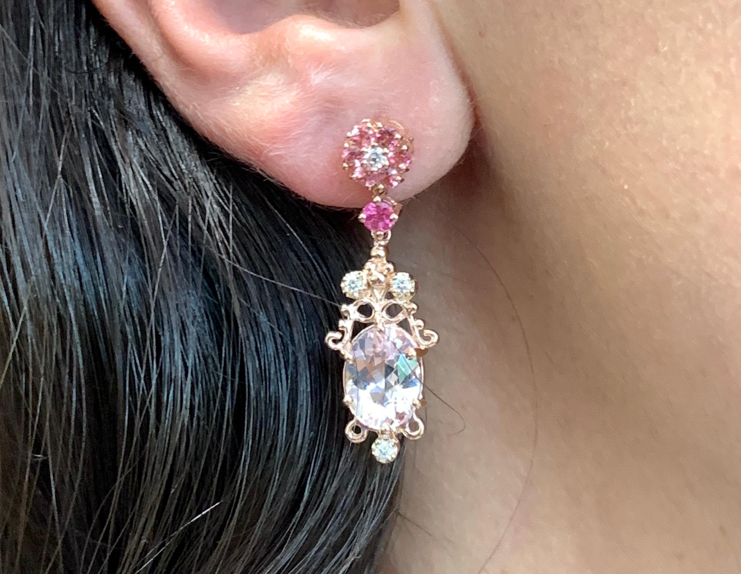 Oval Cut 3.01 Carat Oval Pink Morganite Pink Tourmaline Diamond Earrings in 14K Rose Gold For Sale