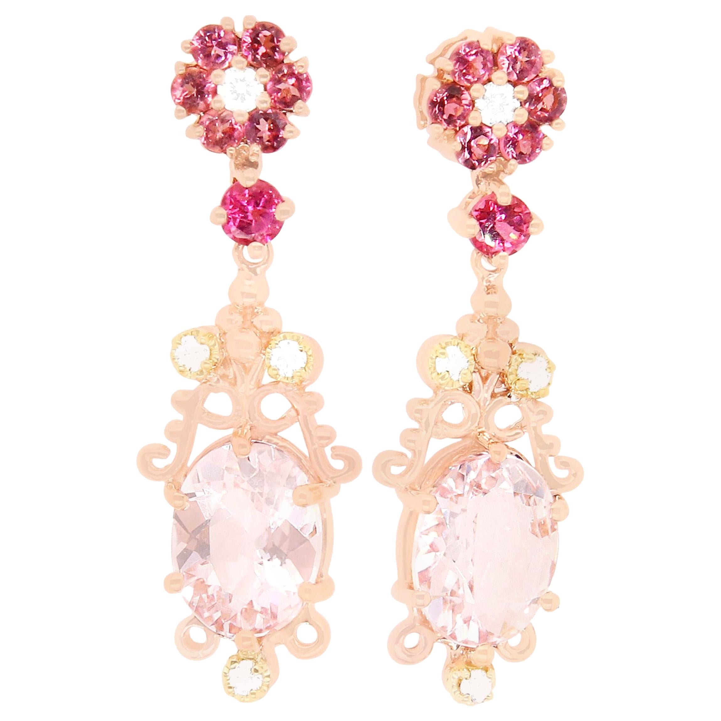 3.01 Carat Oval Pink Morganite Pink Tourmaline Diamond Earrings in 14K Rose Gold For Sale