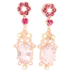 3.01 Carat Oval Pink Morganite Pink Tourmaline Diamond Earrings in 14K Rose Gold
