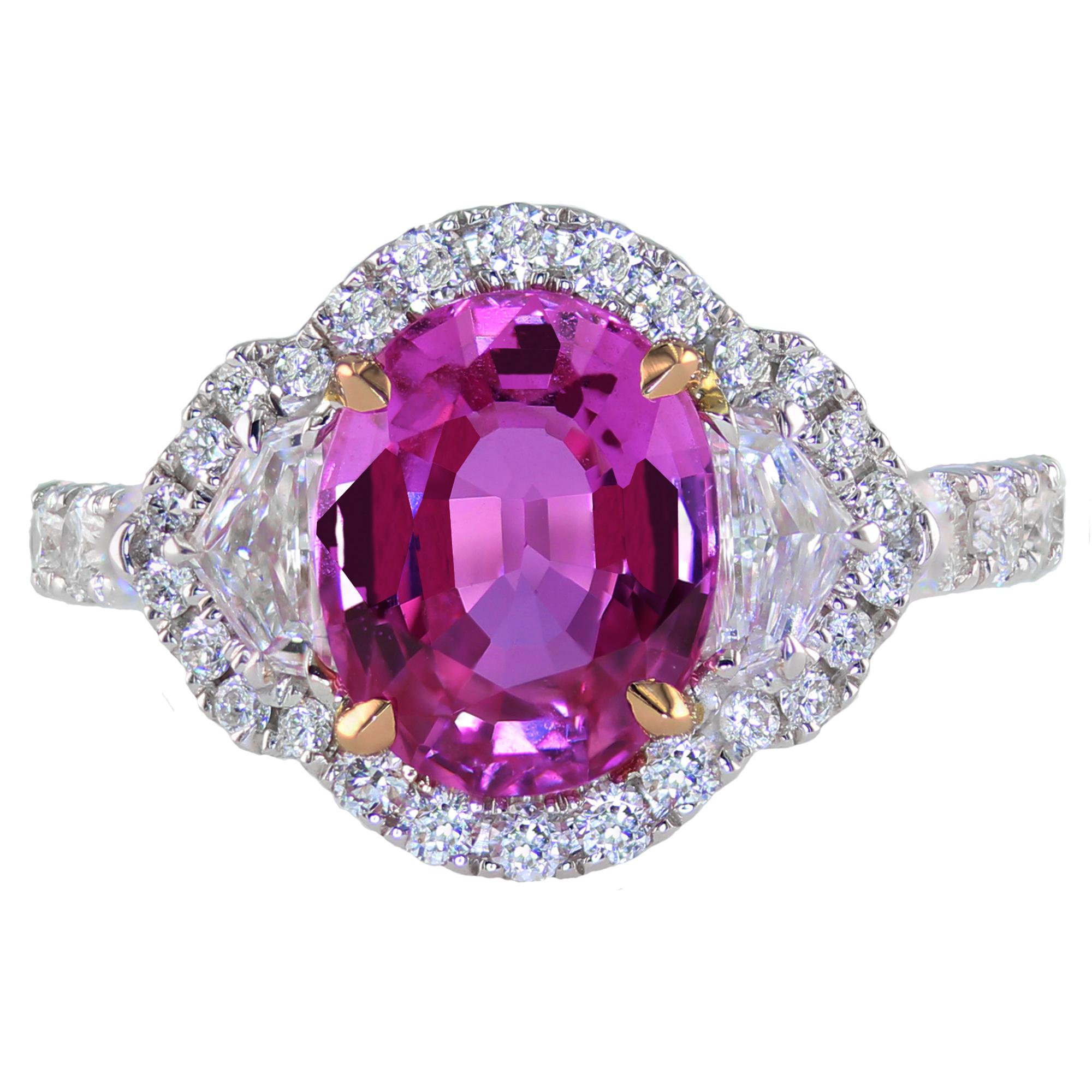 3.01 Carat Pink Sapphire and Diamond White Gold Three-Stone-Ring  For Sale