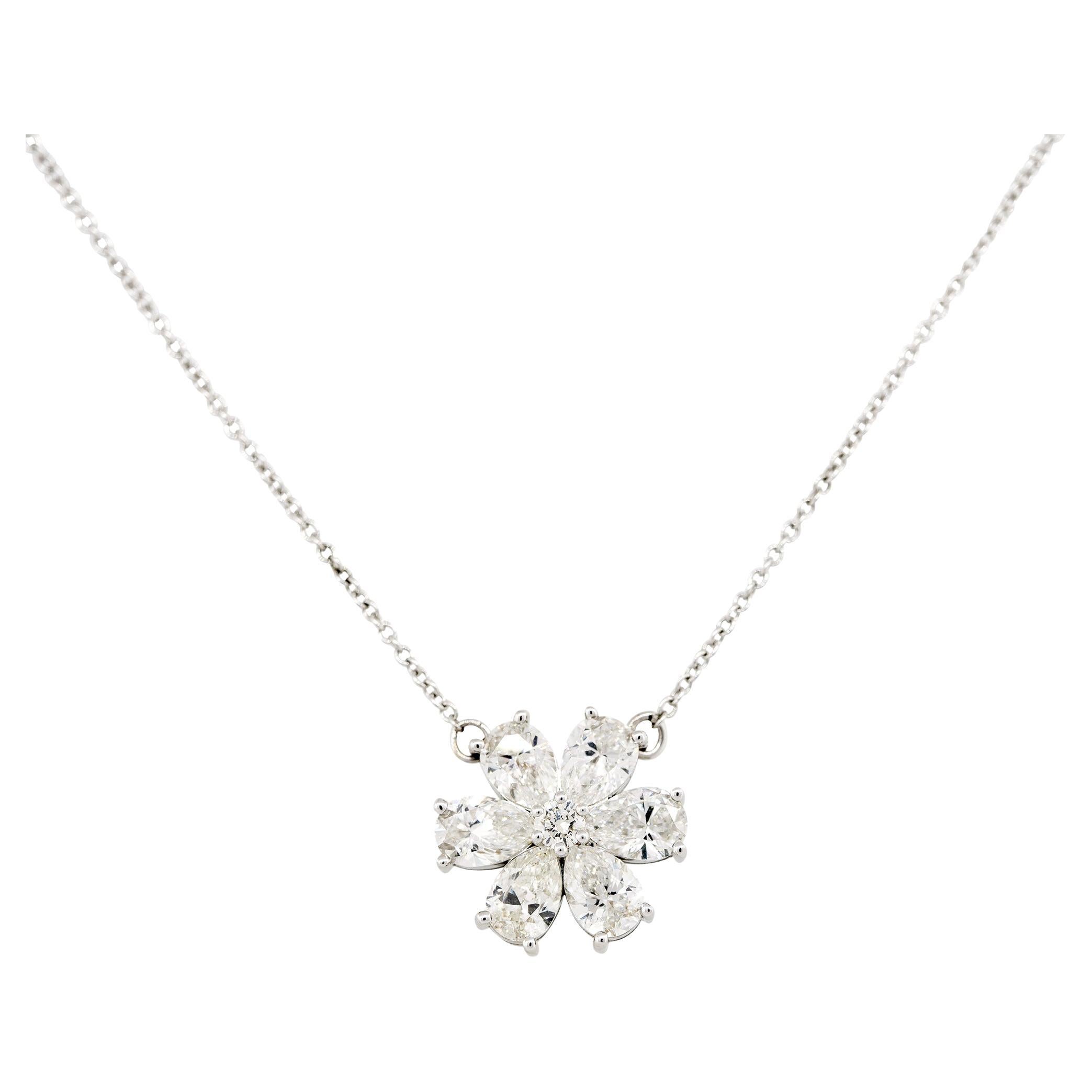 3.01 Carat Pear Shaped Diamond Flower Necklace 18 Karat in Stock For Sale