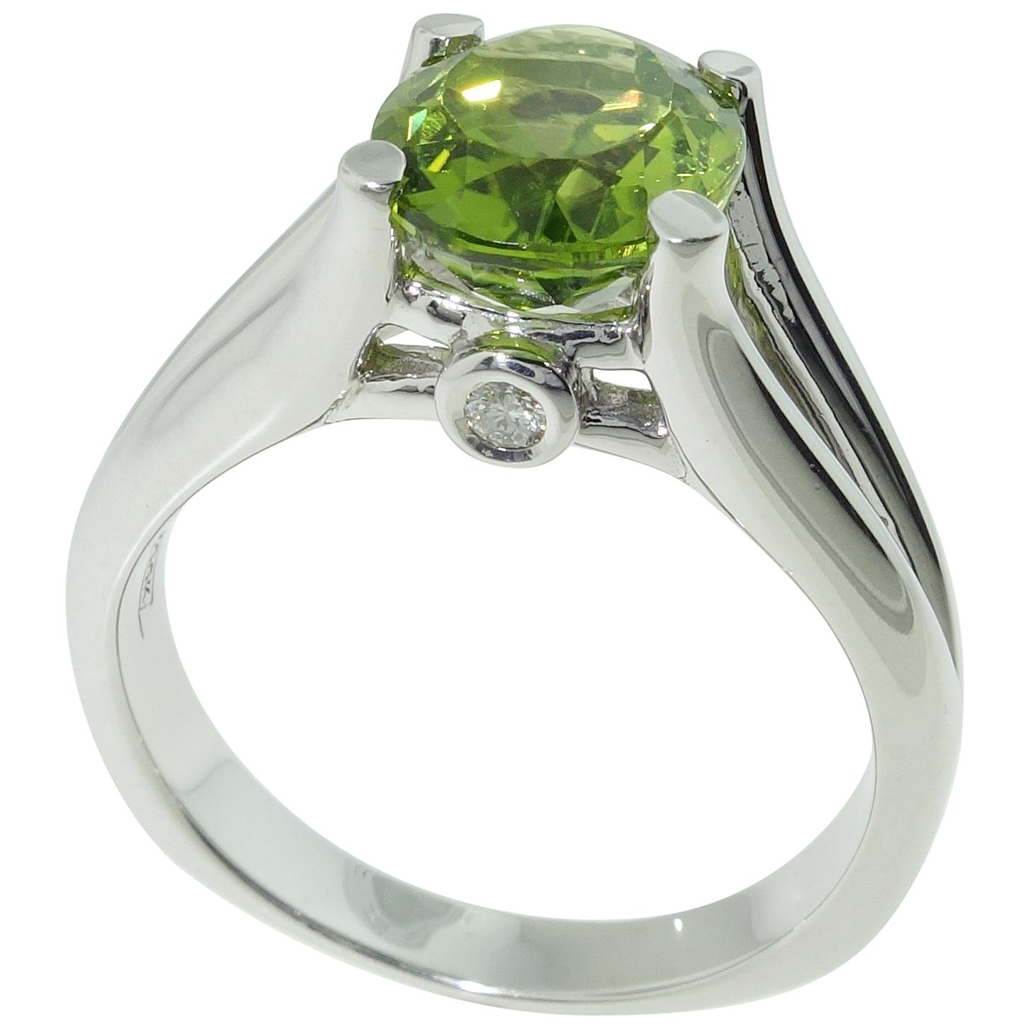 3.01 Carat Peridot and Diamond Solitaire Ring For Sale
