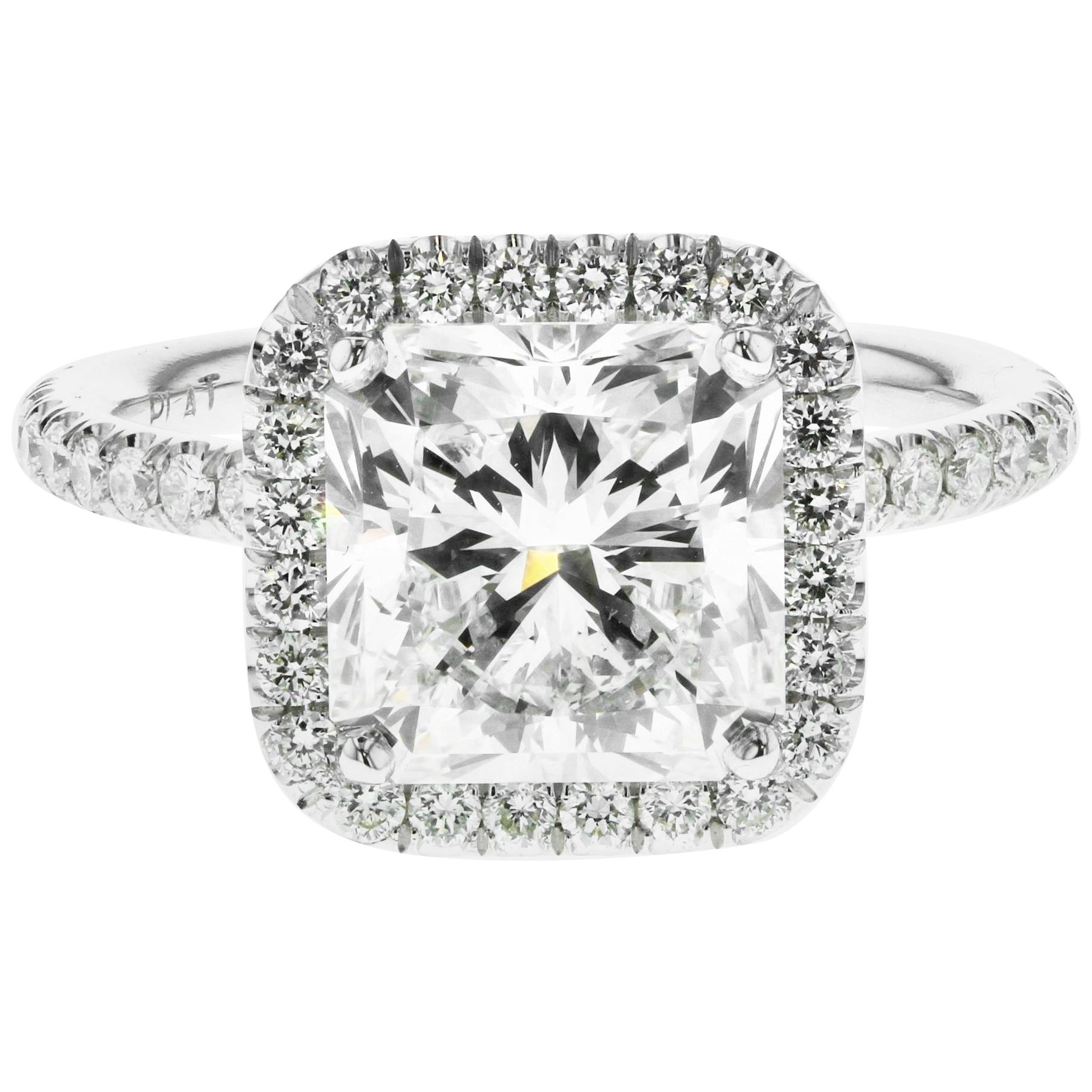 3.01 Carat Radiant Cut Diamond Engagement Ring GIA in Platinum Diamond Halo For Sale