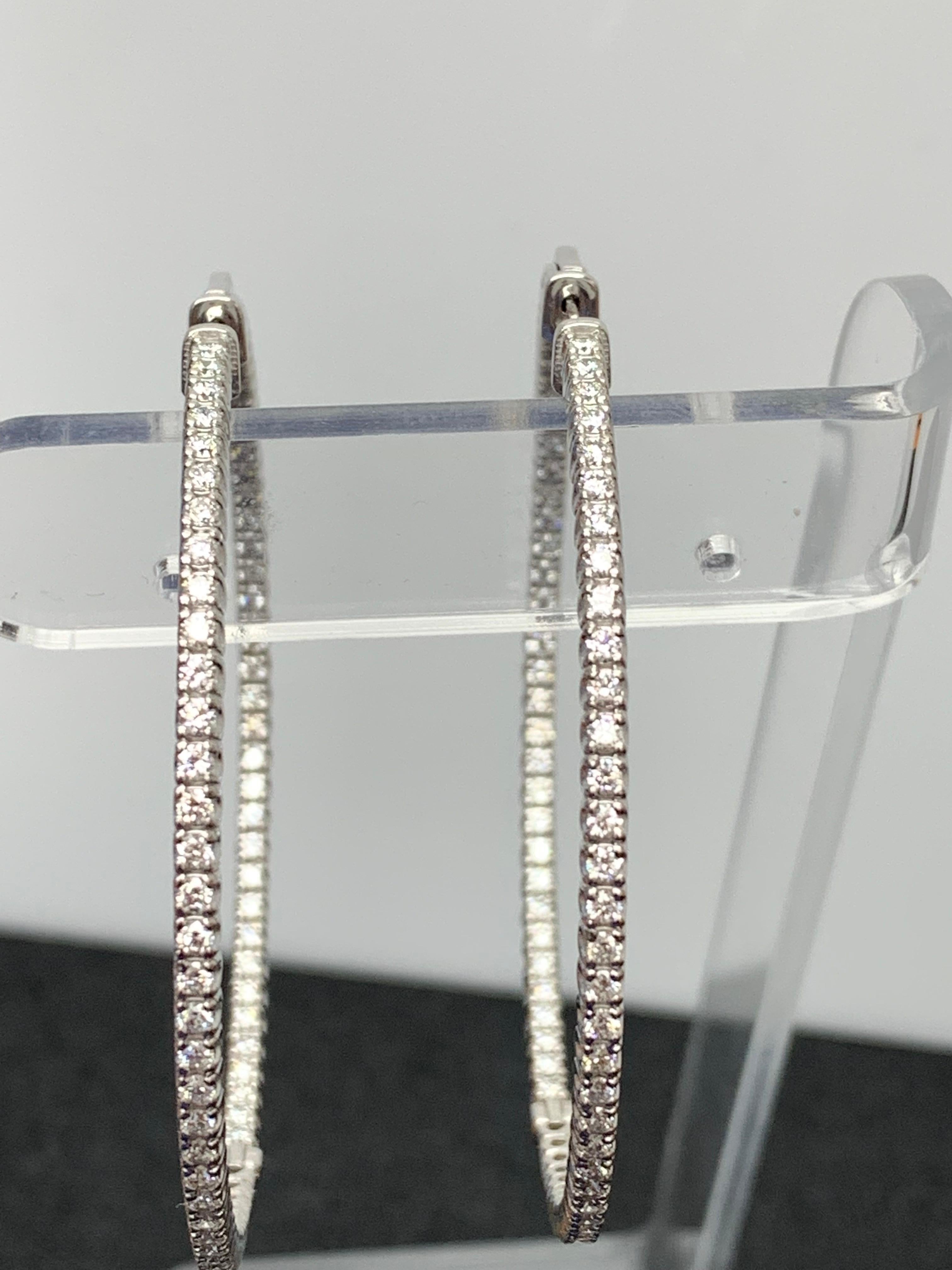 Modern 3.01 Carat Round Cut Diamond Hoop Earrings in 14k White Gold For Sale