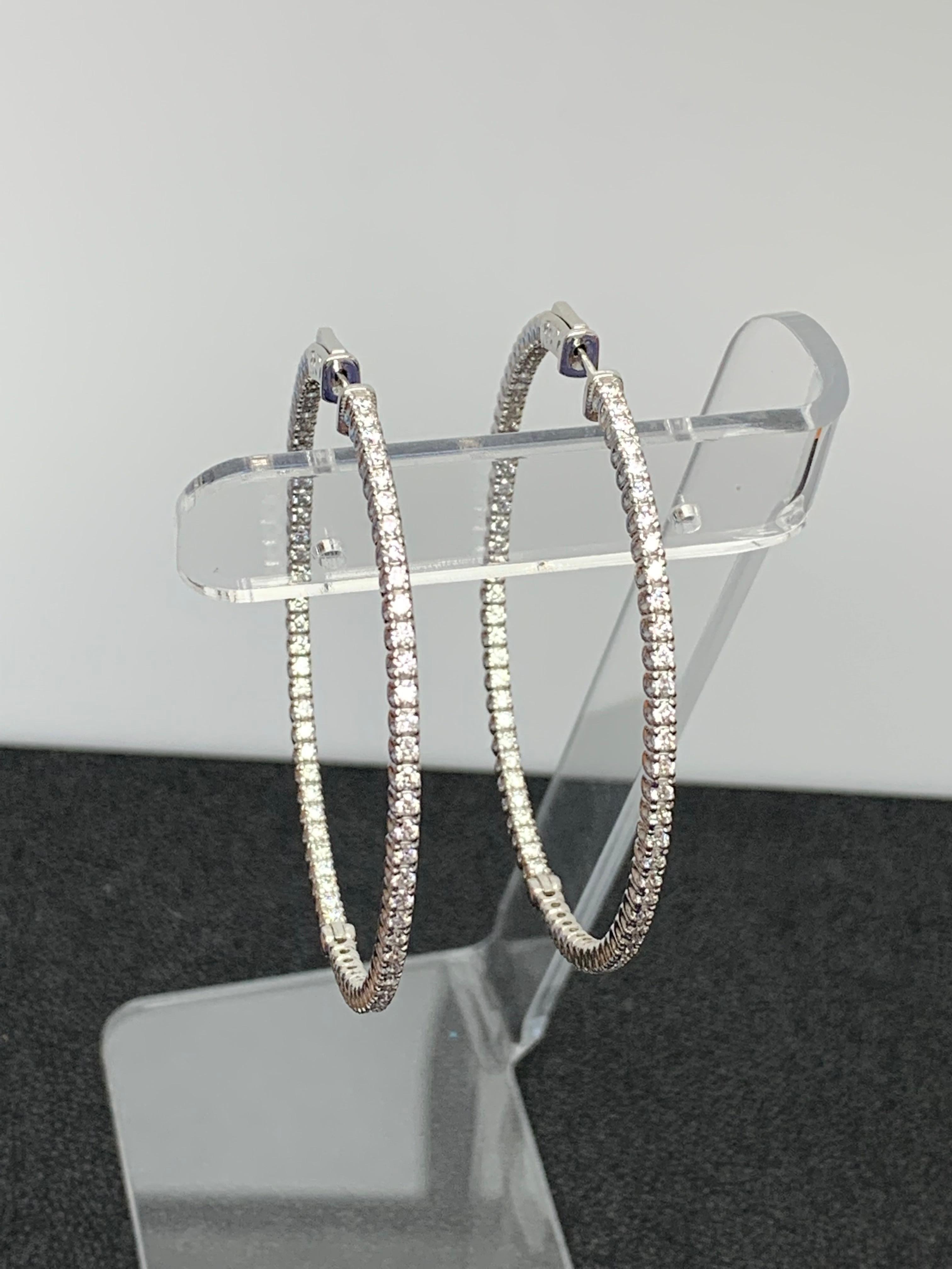 3.01 Carat Round Cut Diamond Hoop Earrings in 14k White Gold In New Condition For Sale In NEW YORK, NY