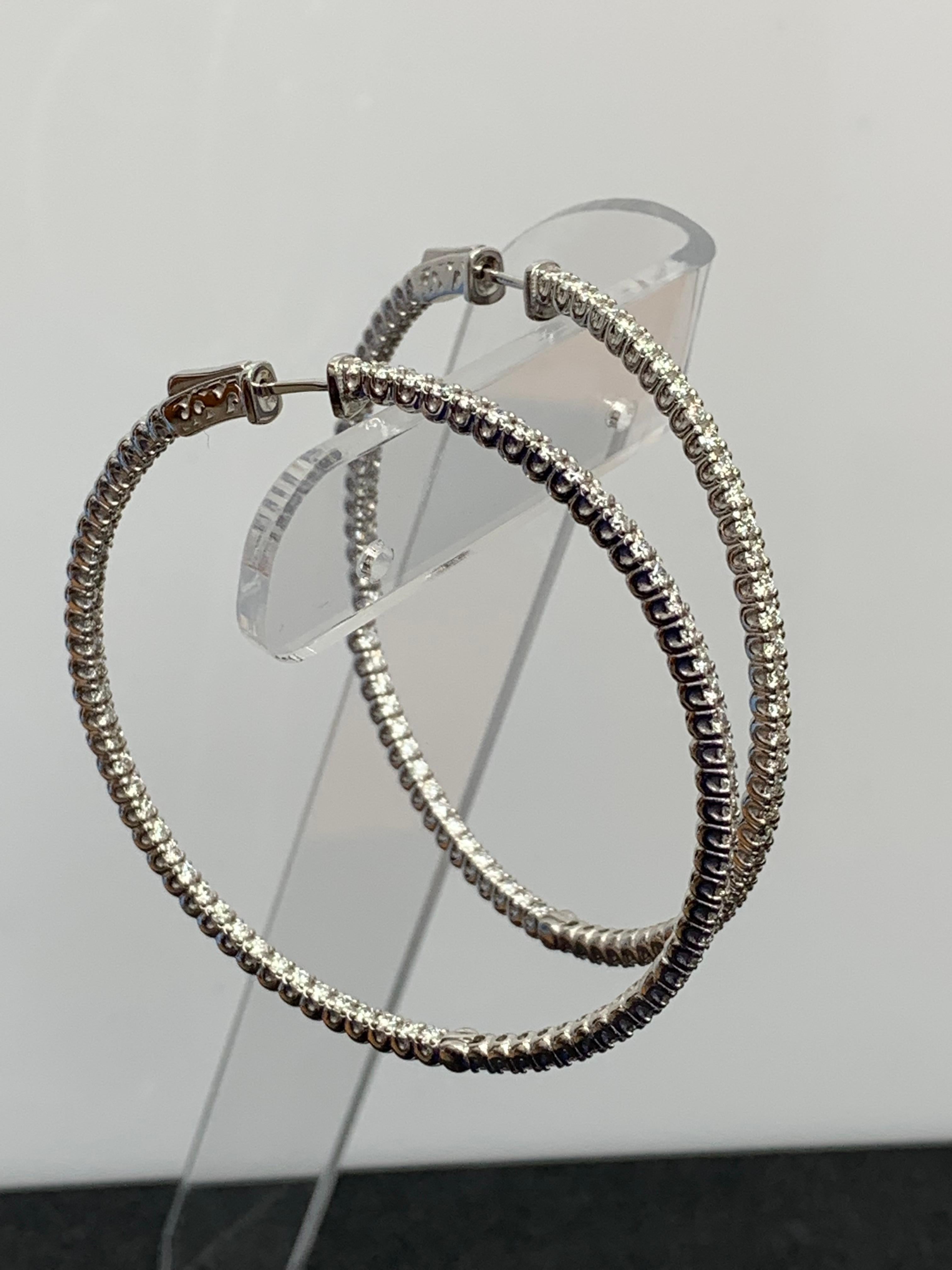 3.01 Carat Round Cut Diamond Hoop Earrings in 14k White Gold For Sale 1
