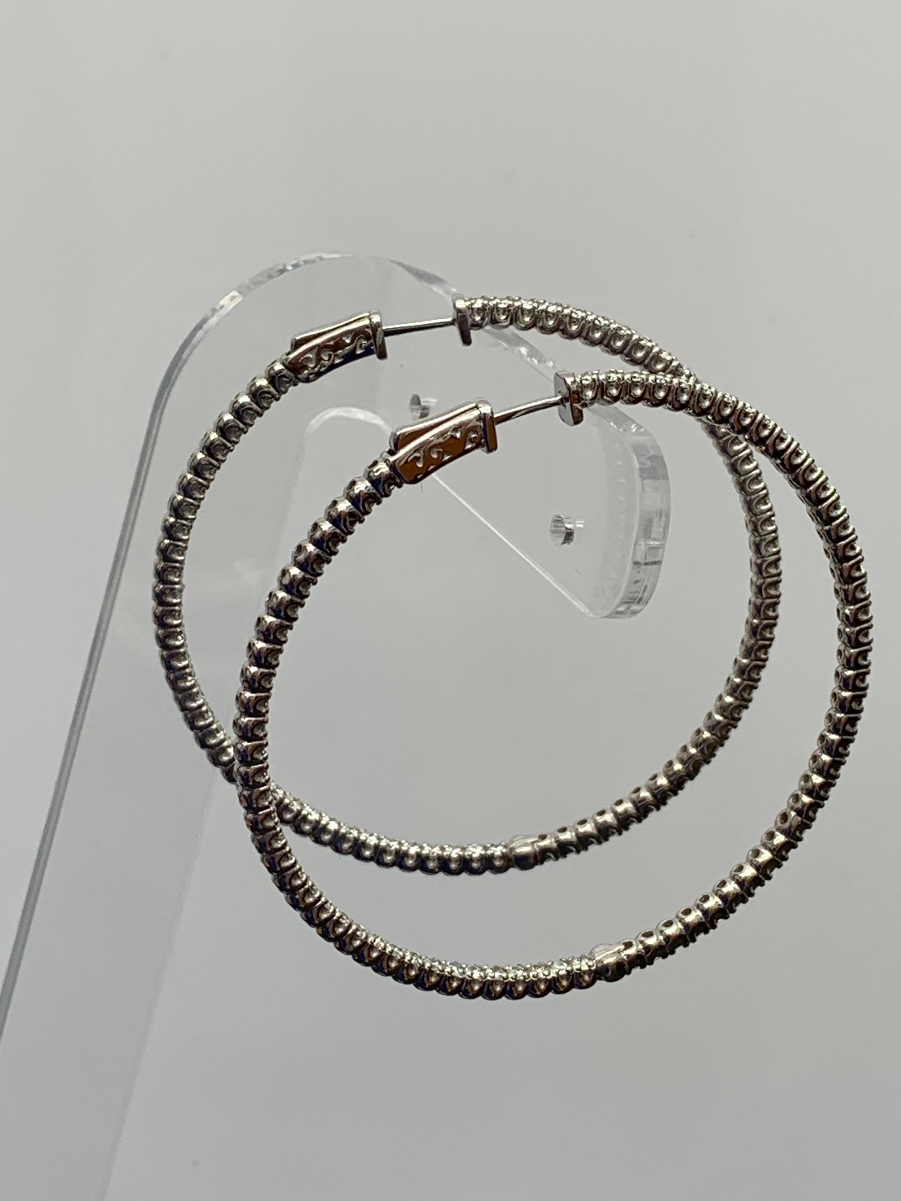 3.01 Carat Round Cut Diamond Hoop Earrings in 14k White Gold For Sale 3